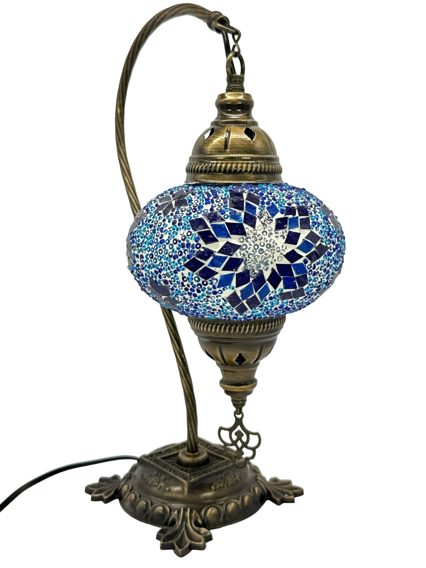 Turkish Bedside Table Desk Lamp Unique Mosaic Glass Blue Star Bronze Base with Led Bulb