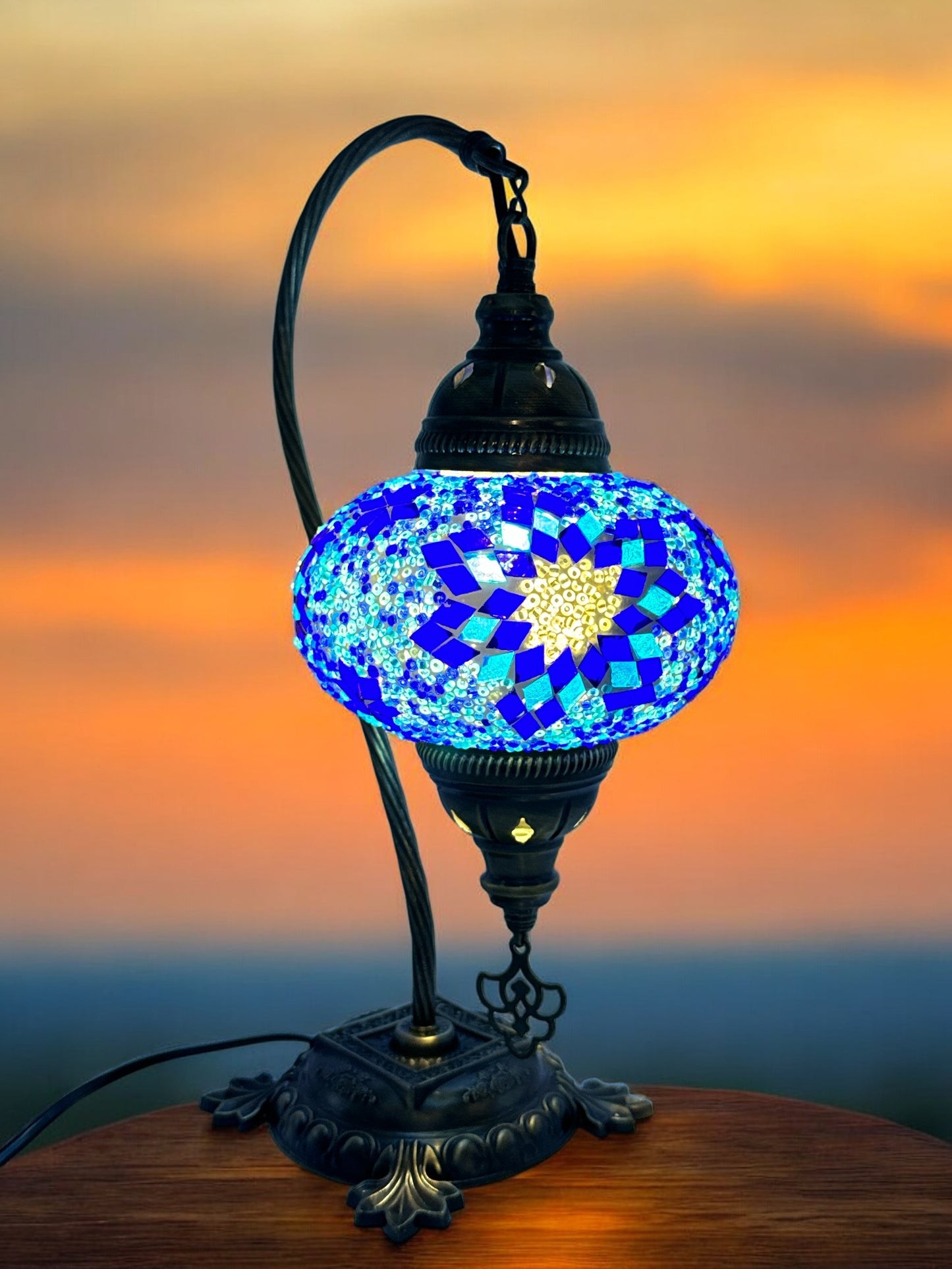 Turkish Bedside Table Desk Lamp Unique Mosaic Glass Blue Star Bronze Base with Led Bulb