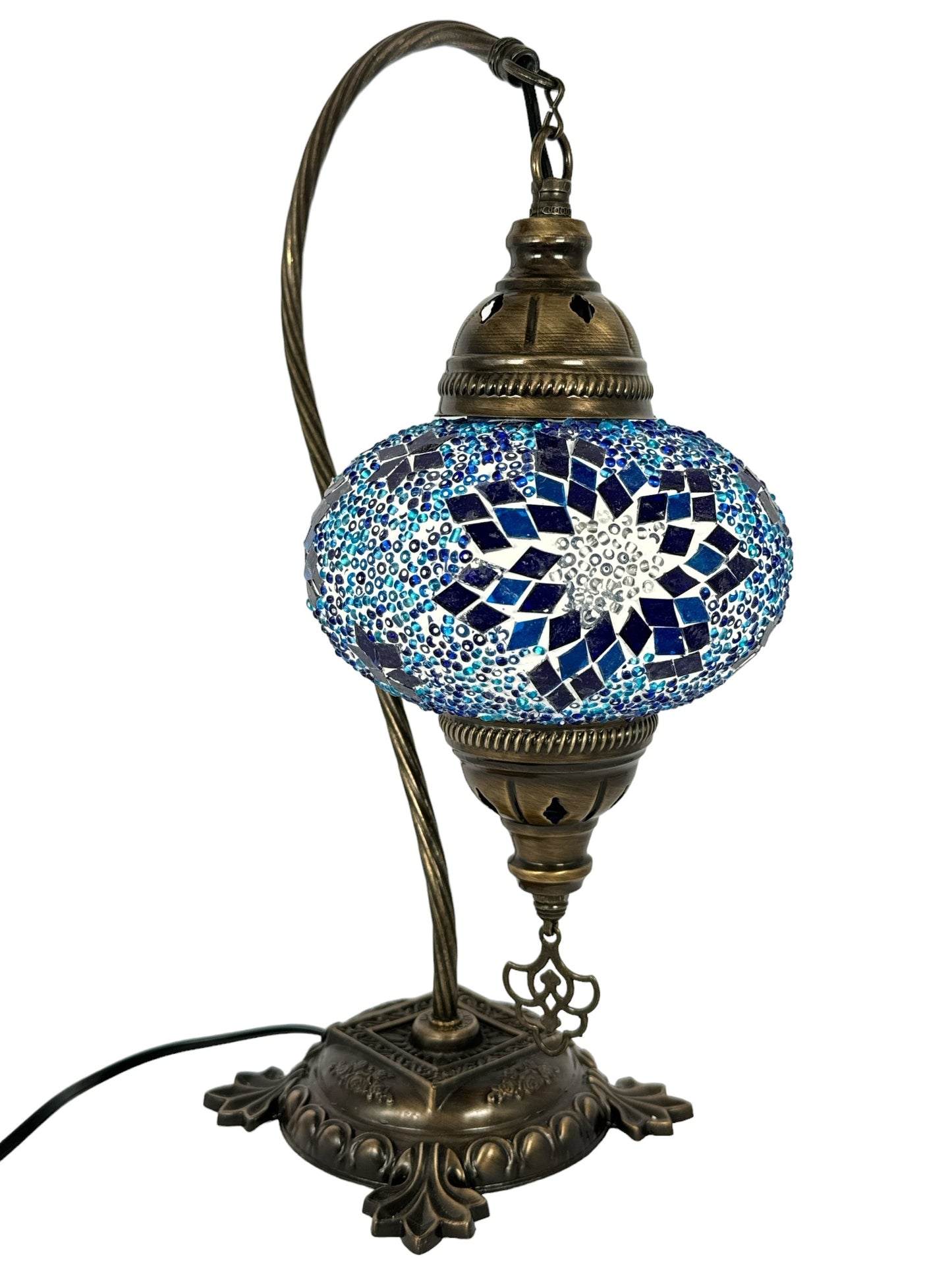 Turkish Bedside Table Desk Lamp Unique Mosaic Glass Blue Star Bronze Base with Led Bulb