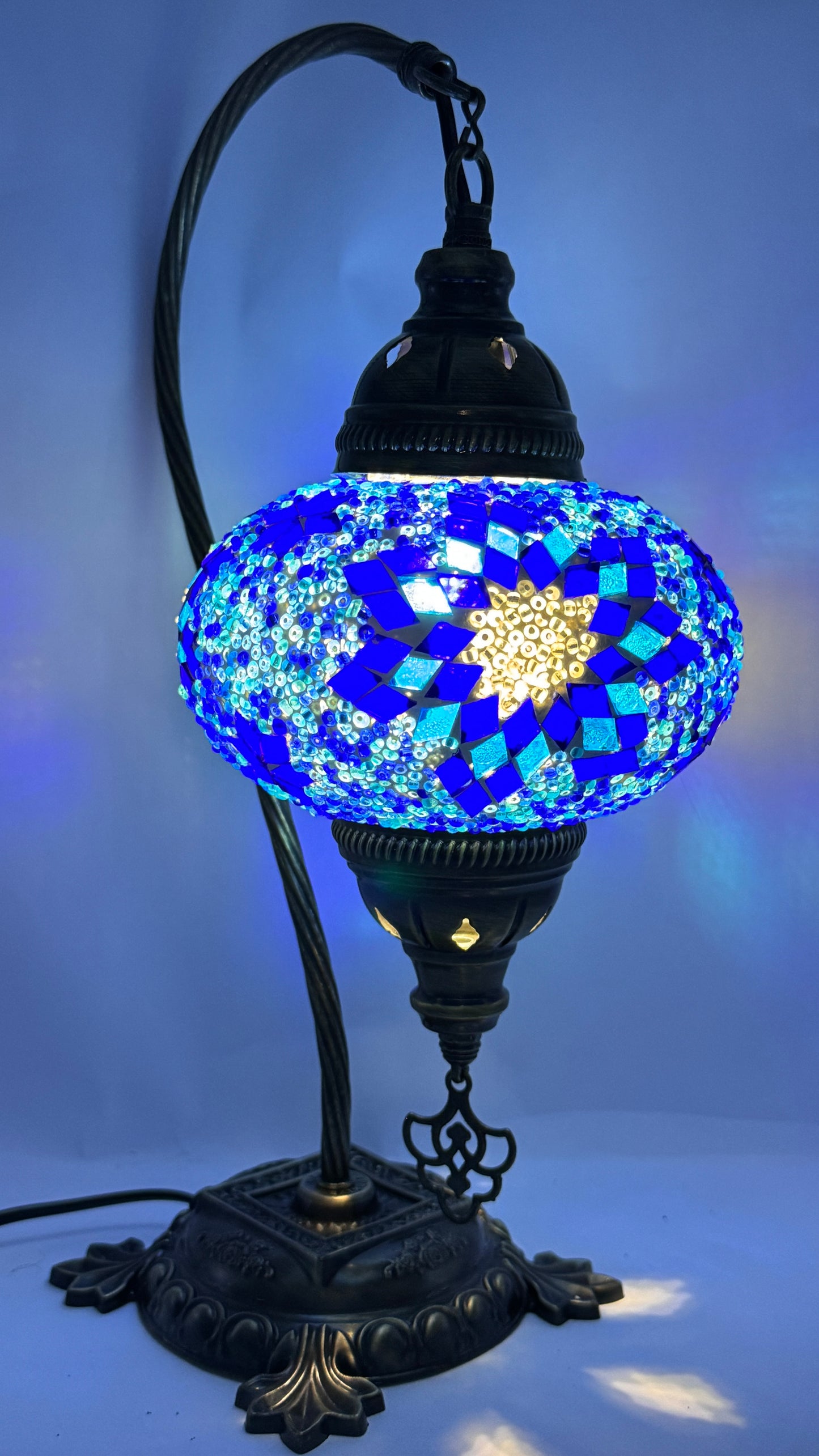 Turkish Bedside Table Desk Lamp Unique Mosaic Glass Blue Star Bronze Base with Led Bulb