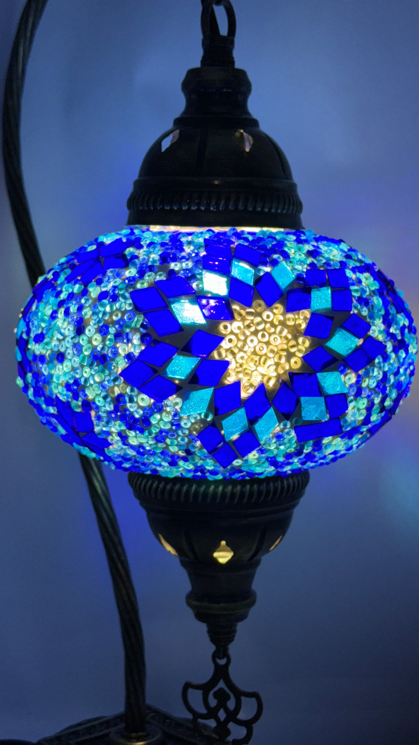 Turkish Bedside Table Desk Lamp Unique Mosaic Glass Blue Star Bronze Base with Led Bulb