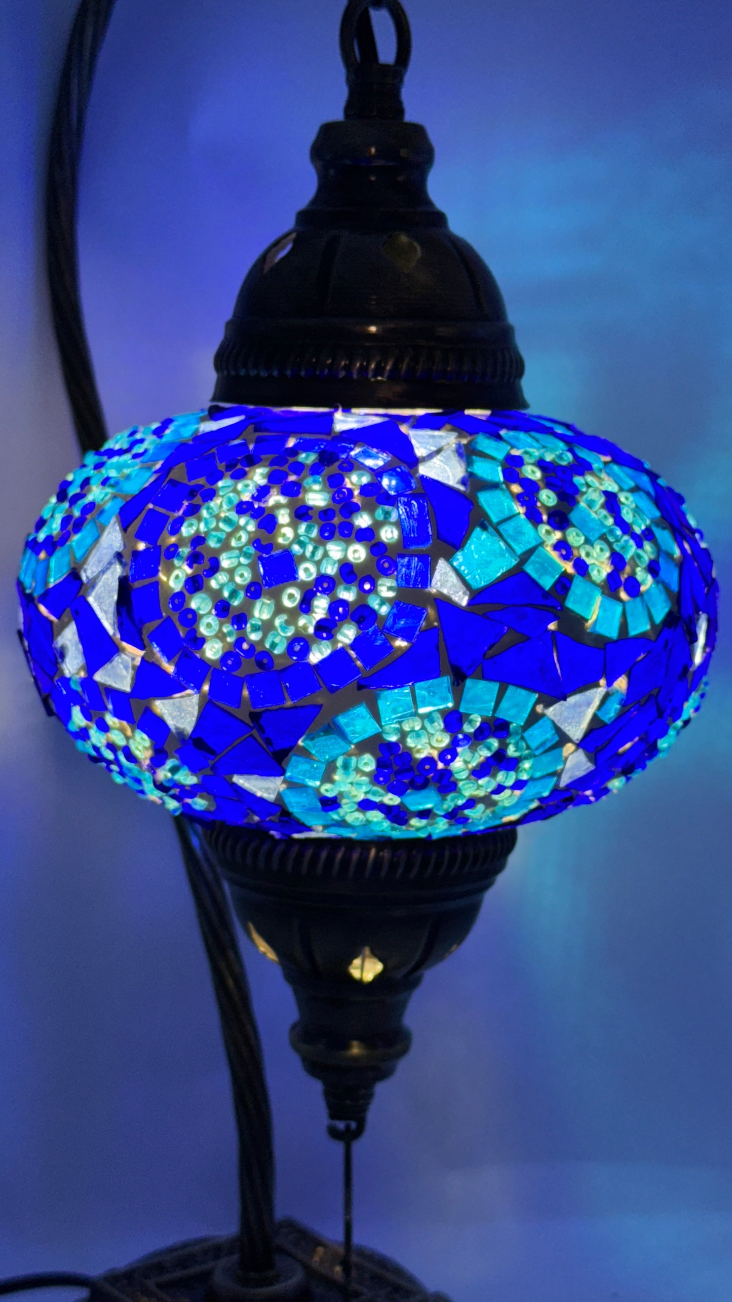 Turkish Moroccan Bedside Table Desk Lamp Handmade Unique Mosaic Glass Blue Circle Bronze Base with Led Bulb