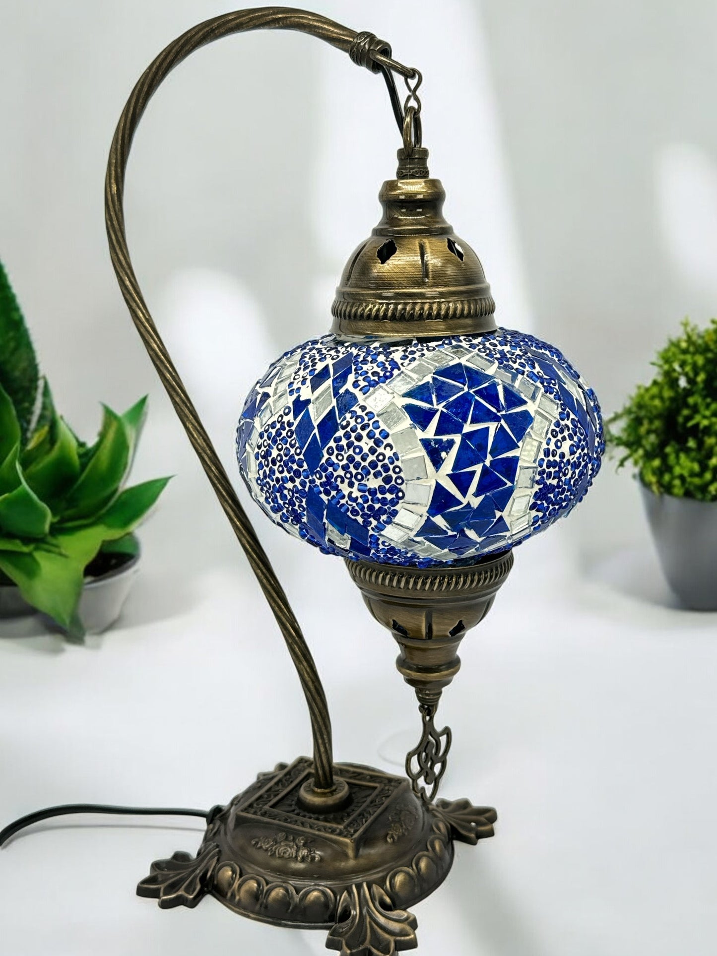 Turkish Bedside Table Desk Lamp Unique Mosaic Glass Blue Horizon Bronze Base with Led Bulb