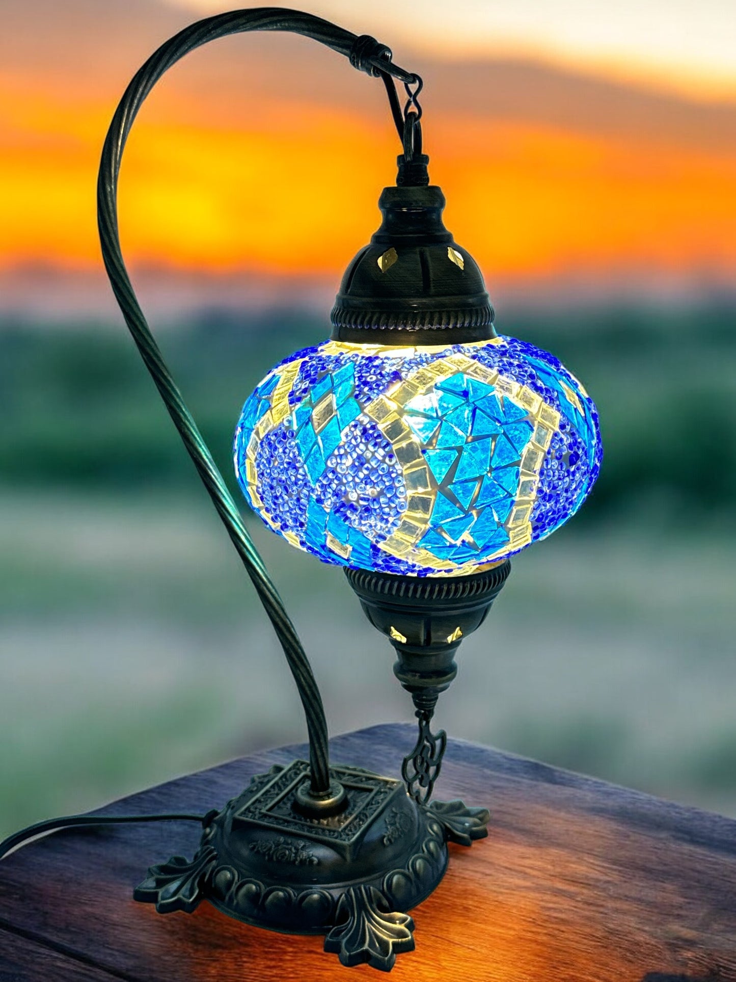 Turkish Bedside Table Desk Lamp Unique Mosaic Glass Blue Horizon Bronze Base with Led Bulb