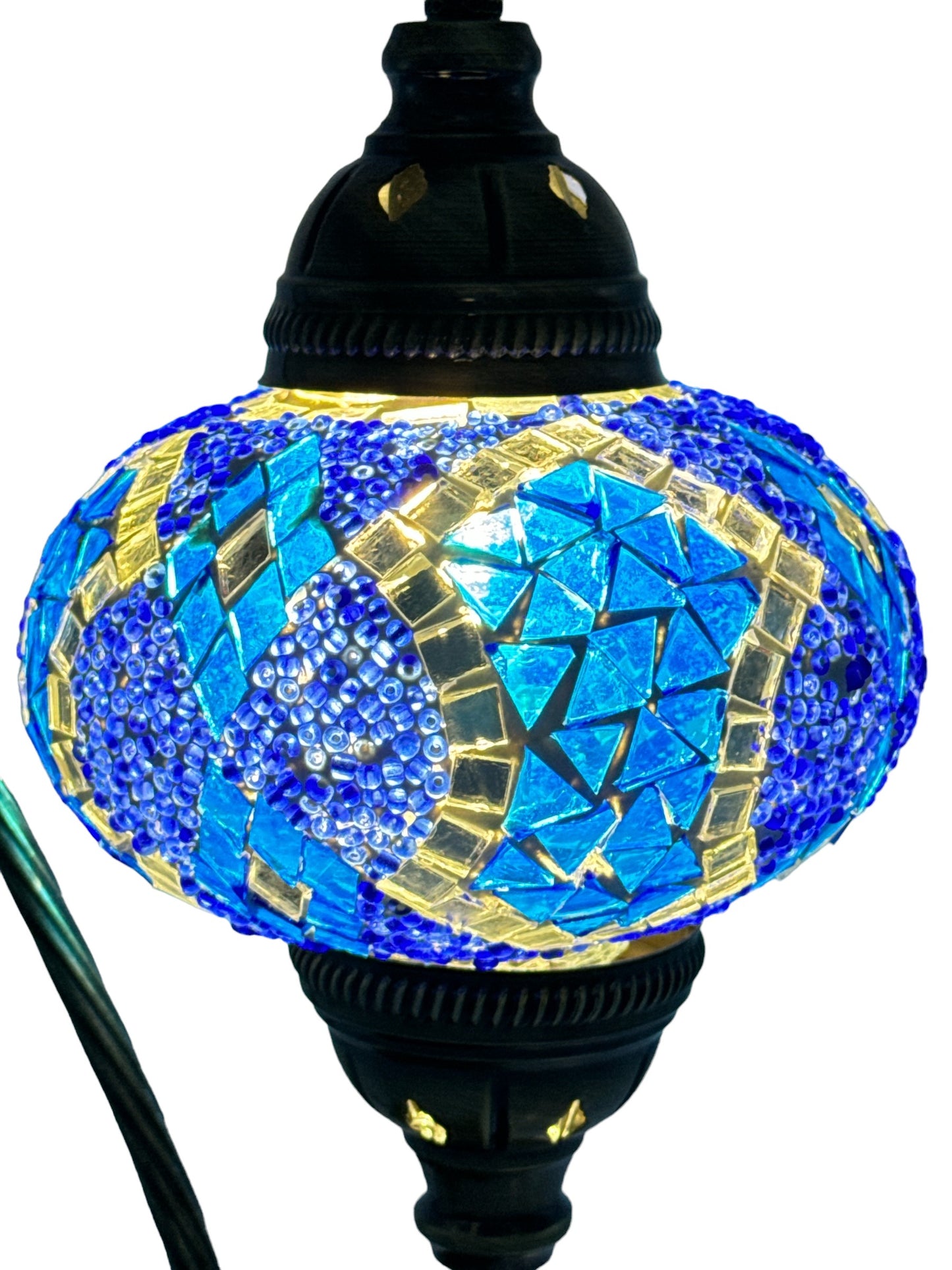 Turkish Bedside Table Desk Lamp Unique Mosaic Glass Blue Horizon Bronze Base with Led Bulb