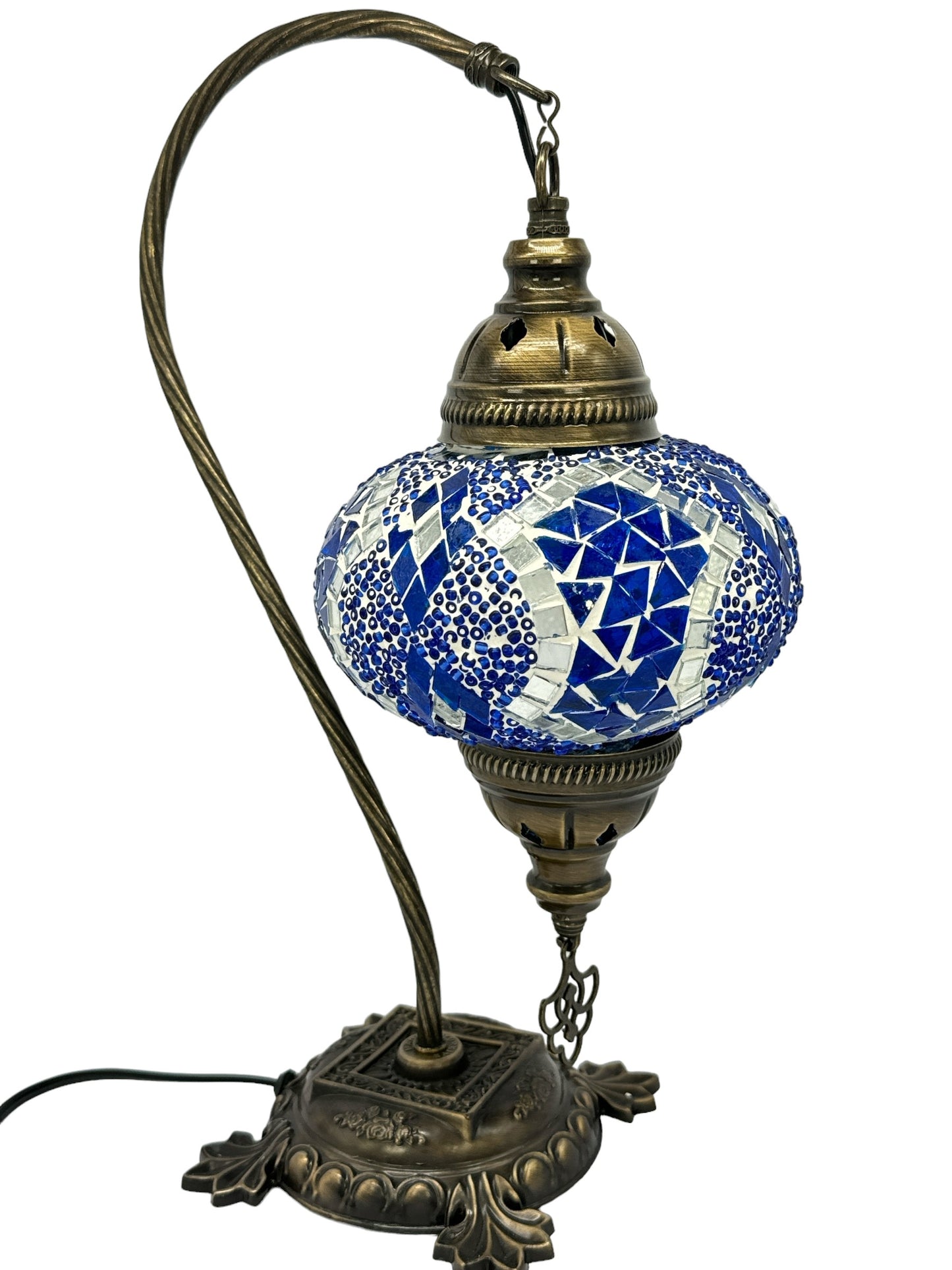 Turkish Bedside Table Desk Lamp Unique Mosaic Glass Blue Horizon Bronze Base with Led Bulb
