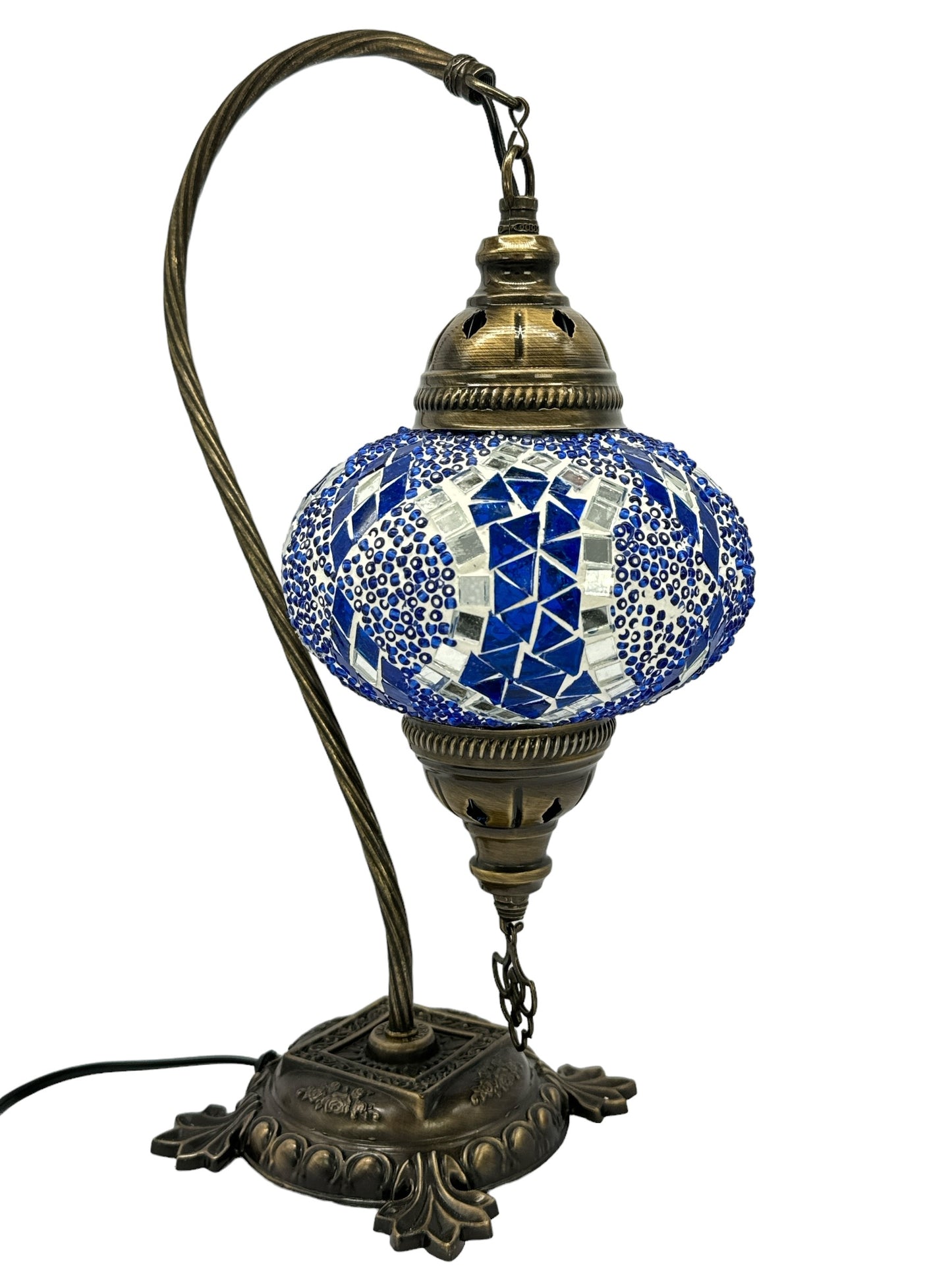 Turkish Bedside Table Desk Lamp Unique Mosaic Glass Blue Horizon Bronze Base with Led Bulb