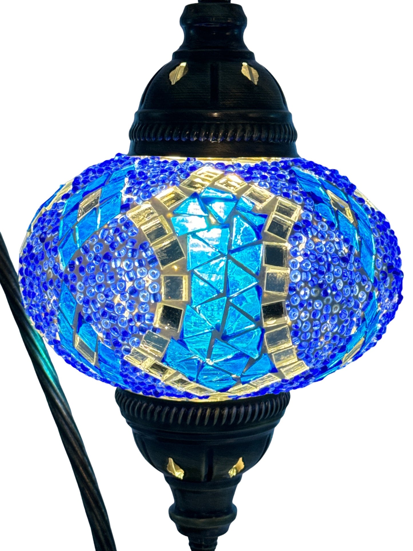 Turkish Bedside Table Desk Lamp Unique Mosaic Glass Blue Horizon Bronze Base with Led Bulb
