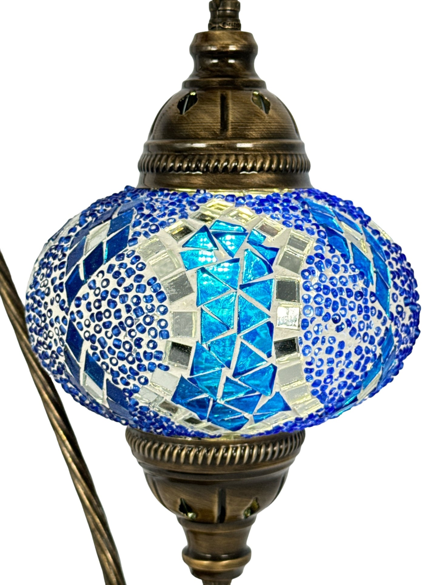 Turkish Bedside Table Desk Lamp Unique Mosaic Glass Blue Horizon Bronze Base with Led Bulb