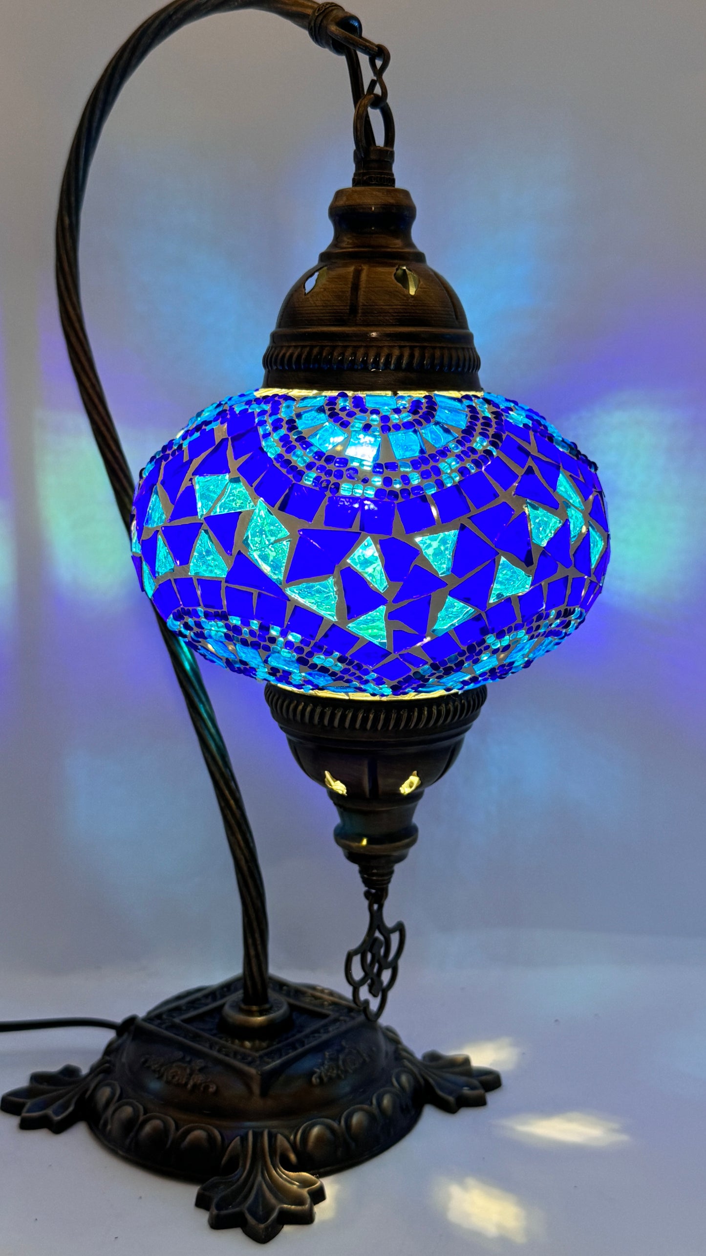 Turkish Bedside Table Desk Lamp Handmade Unique Mosaic Glass Blue Wave Bronze Base with Led Bulb