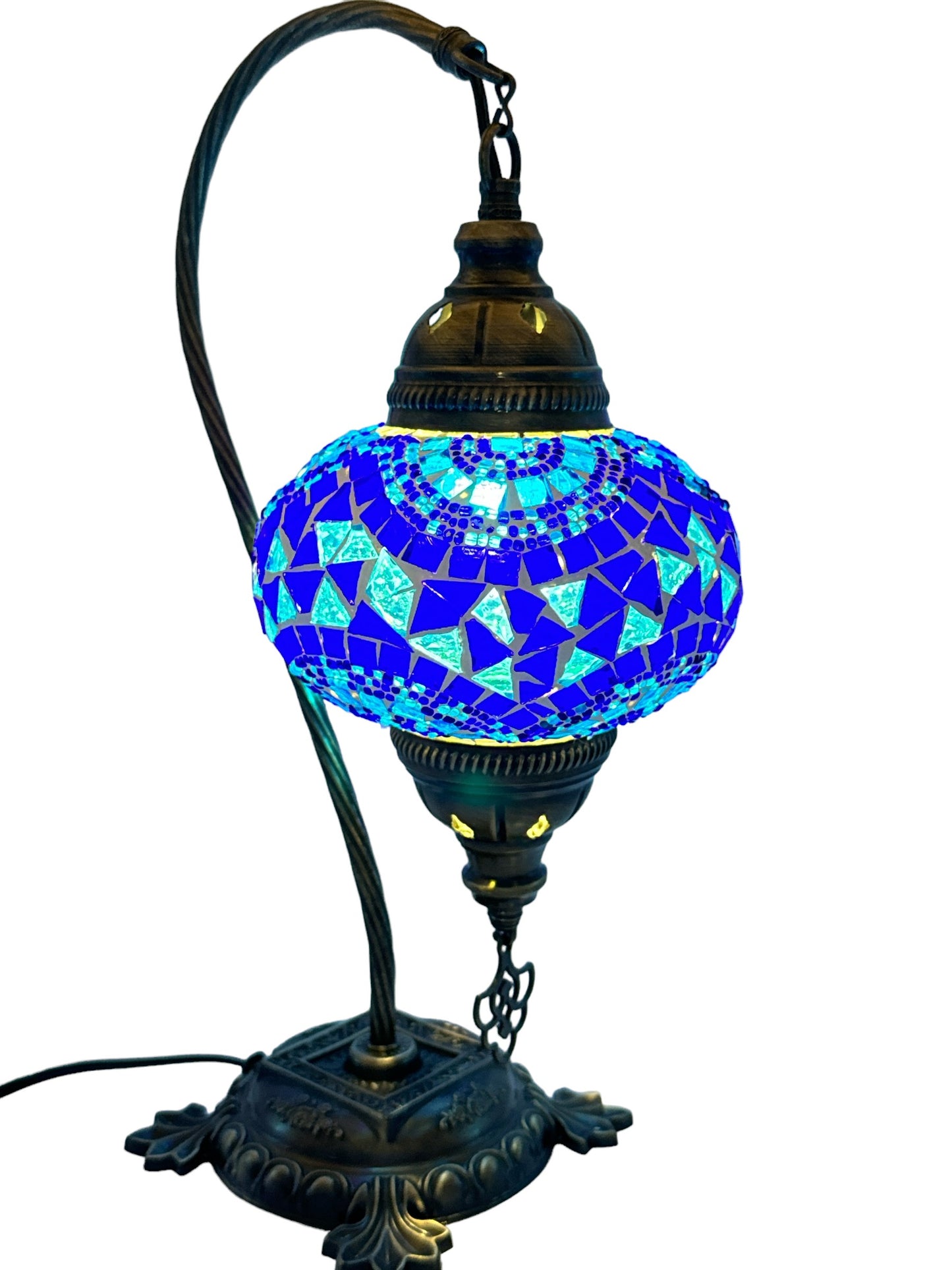 Turkish Bedside Table Desk Lamp Handmade Unique Mosaic Glass Blue Wave Bronze Base with Led Bulb