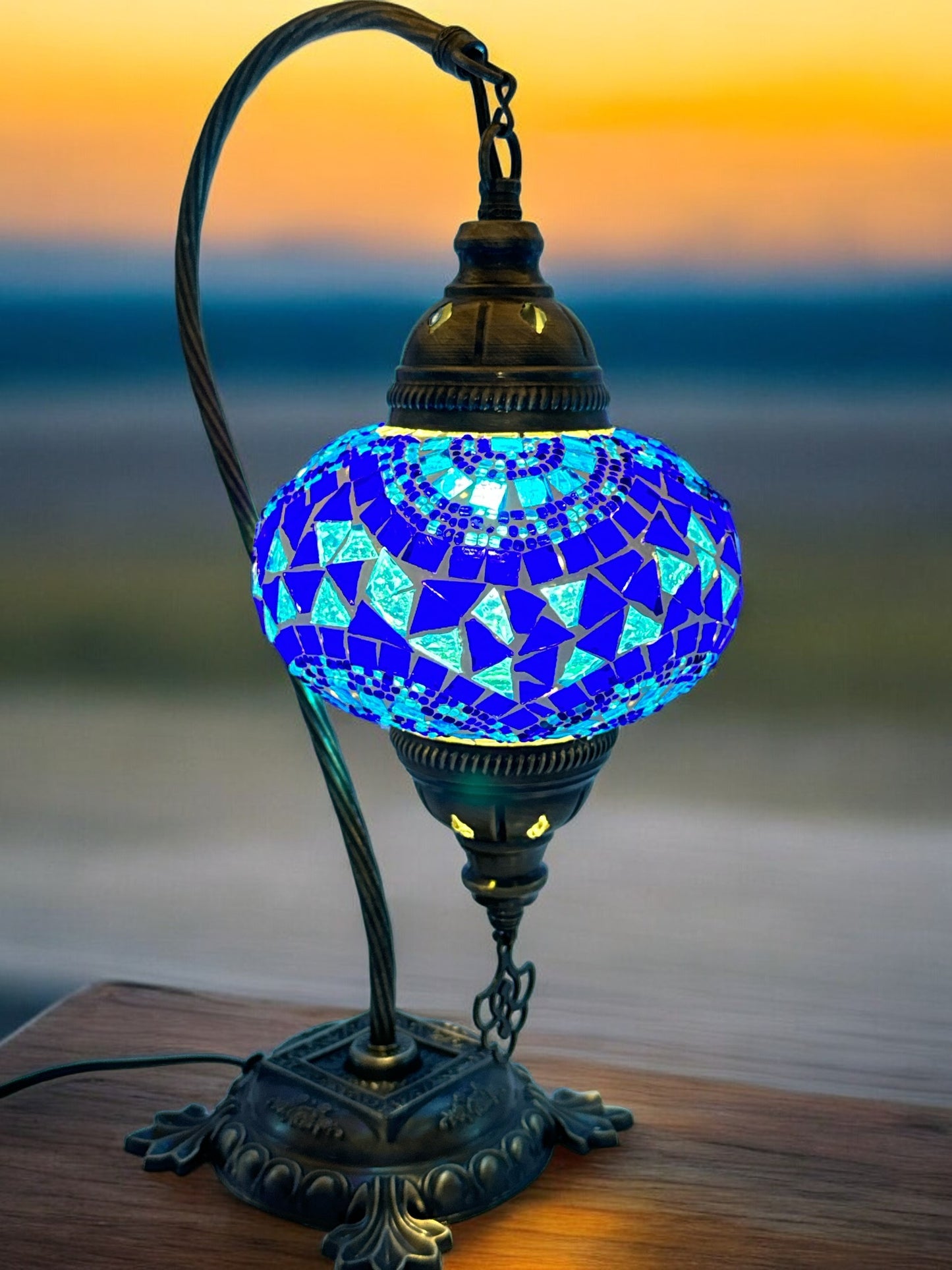 Turkish Bedside Table Desk Lamp Handmade Unique Mosaic Glass Blue Wave Bronze Base with Led Bulb