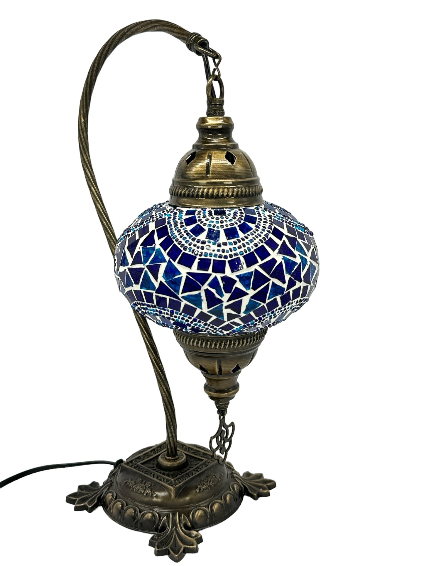Turkish Bedside Table Desk Lamp Handmade Unique Mosaic Glass Blue Wave Bronze Base with Led Bulb