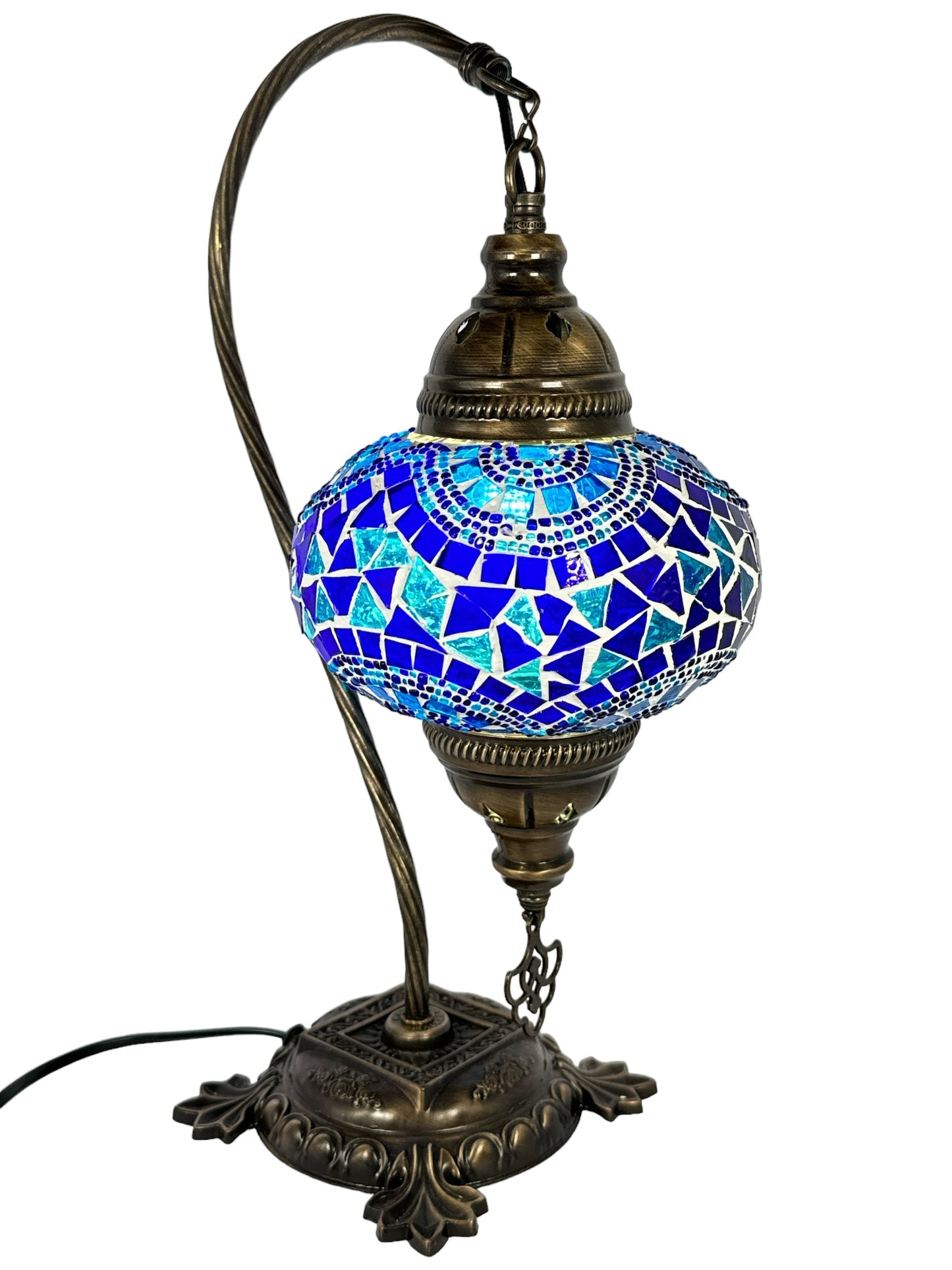 Turkish Bedside Table Desk Lamp Handmade Unique Mosaic Glass Blue Wave Bronze Base with Led Bulb
