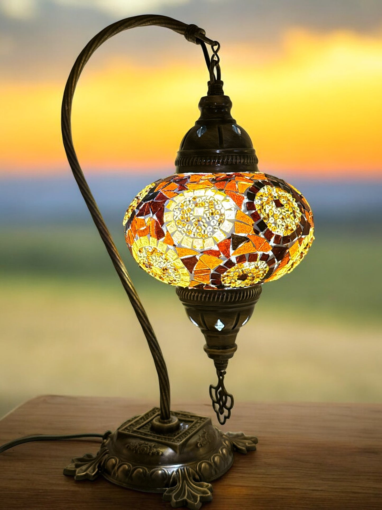 Turkish Moroccan Bedside Table Desk Lamp Handmade Unique Mosaic Glass Brown Circle Bronze Base with Led Bulb