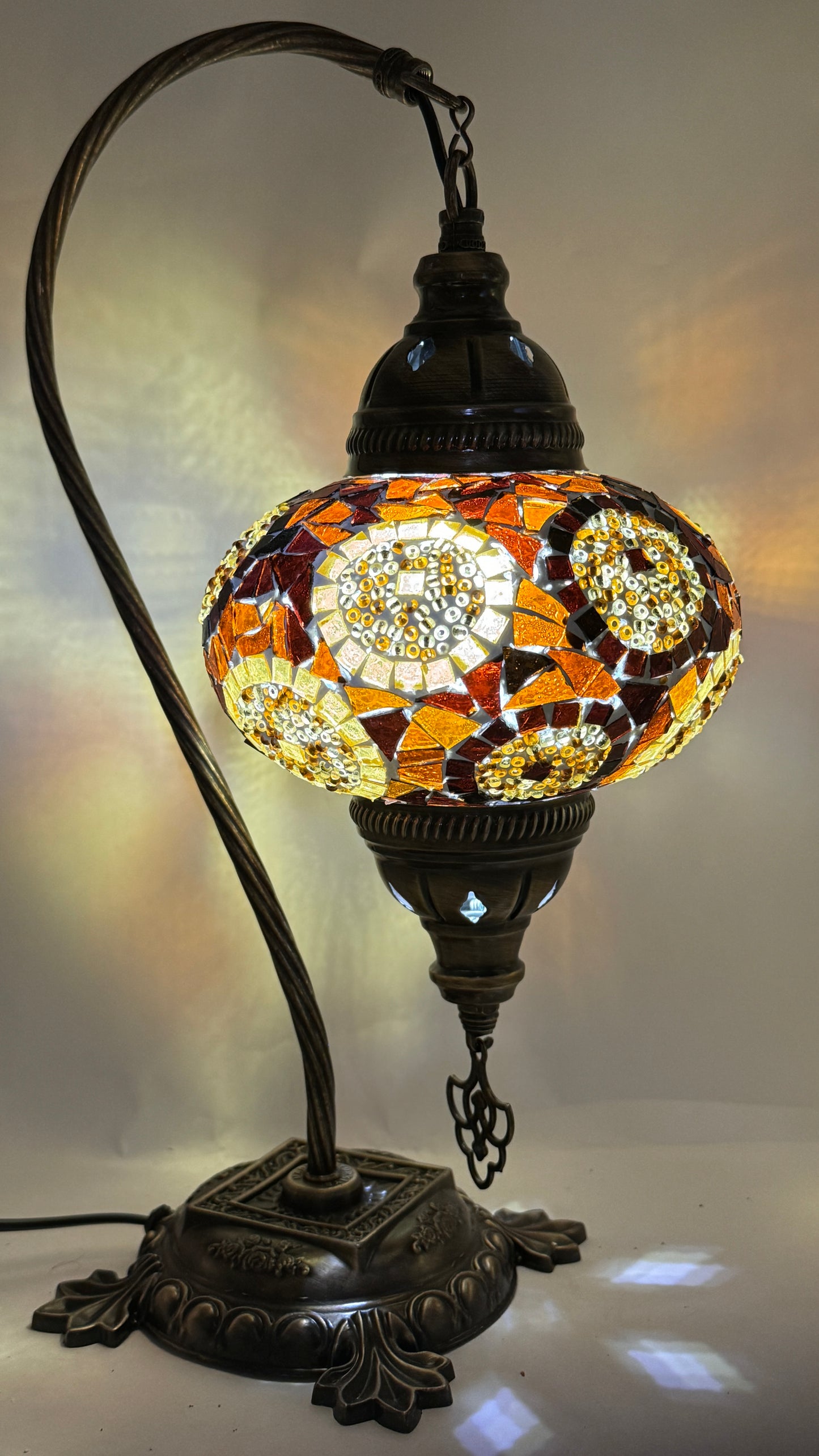 Turkish Moroccan Bedside Table Desk Lamp Handmade Unique Mosaic Glass Brown Circle Bronze Base with Led Bulb