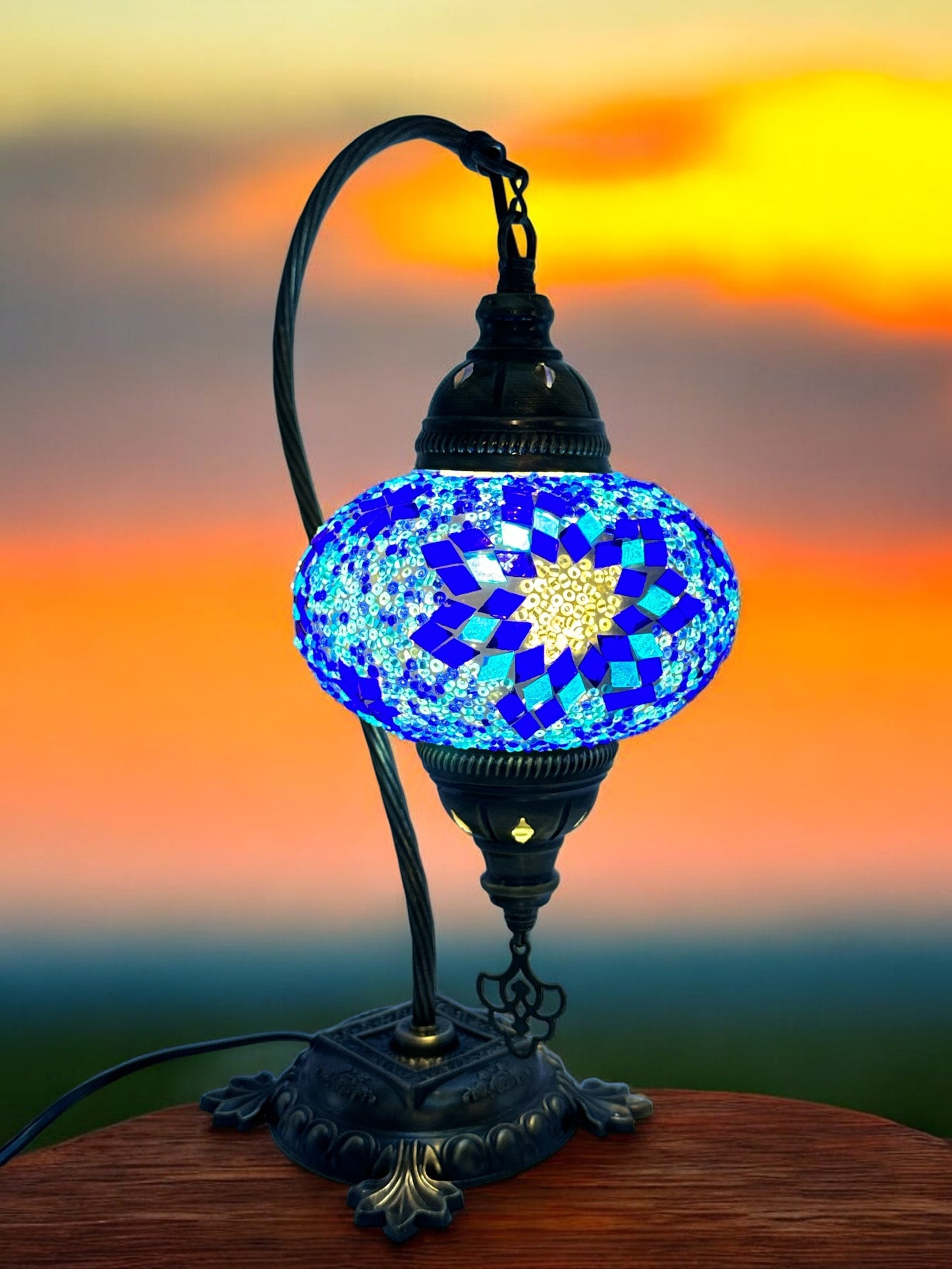 Turkish Bedside Table Desk Lamp Unique Mosaic Glass Blue Star Bronze Base with Led Bulb