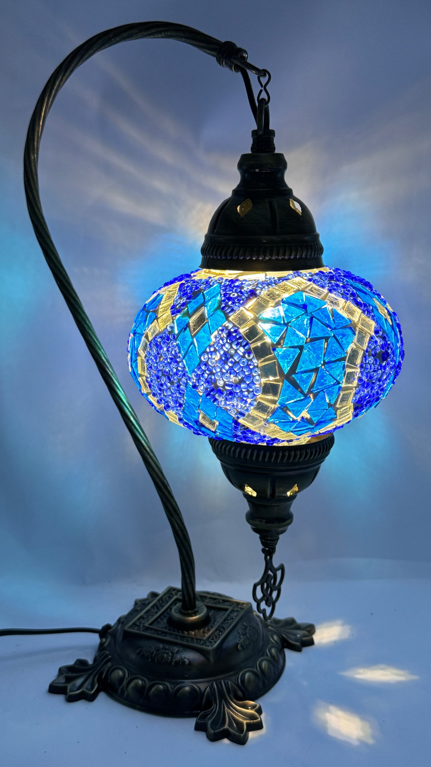 Turkish Bedside Table Desk Lamp Unique Mosaic Glass Blue Horizon Bronze Base with Led Bulb