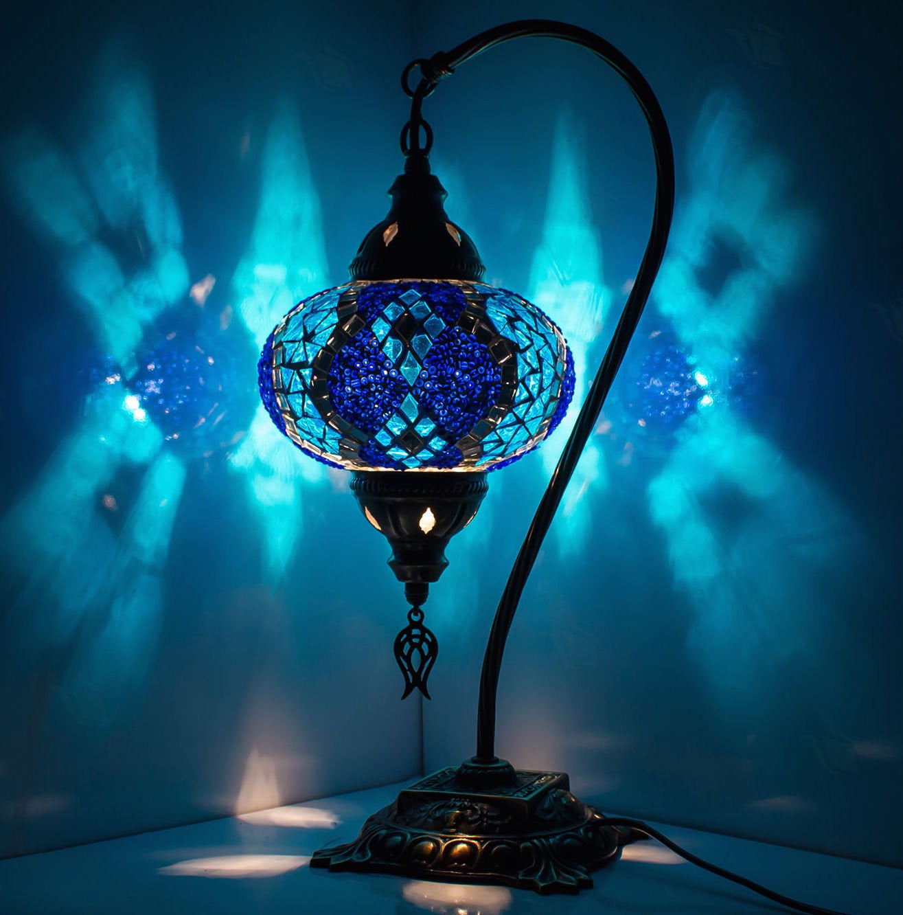 Turkish Bedside Table Desk Lamp Unique Mosaic Glass Blue Lamp Bronze Base with Led Bulb