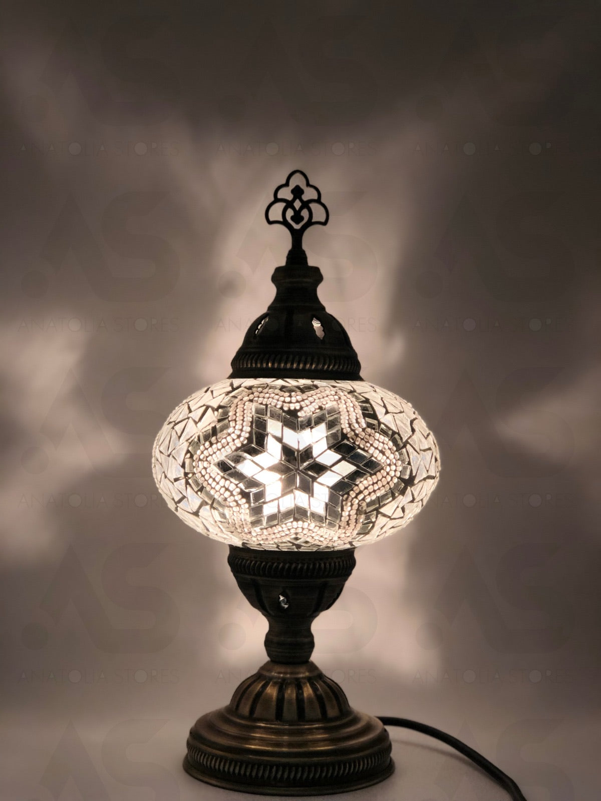 Turkish Mosaic Standard Bedside Table Desk Lamp White Unique Glass Lamp Bronze Base with Led Bulb