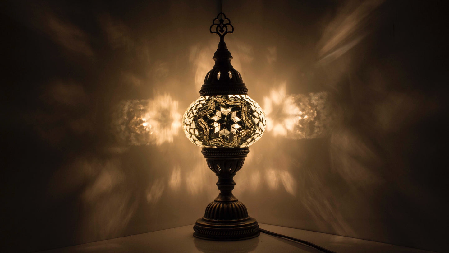 Turkish Mosaic Standard Bedside Table Desk Lamp White Unique Glass Lamp Bronze Base with Led Bulb