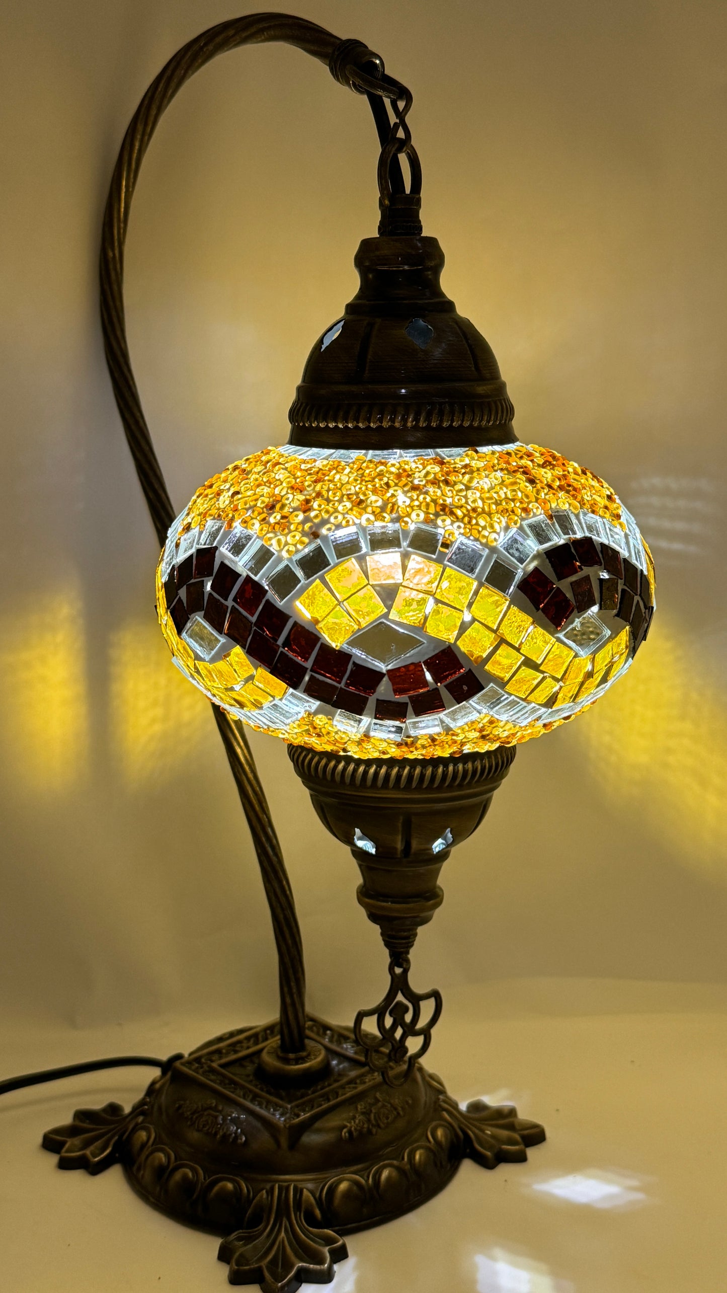 Turkish Bedside Table Desk Lamp Unique Mosaic Glass Brown Wave Bronze Base with Led Bulb
