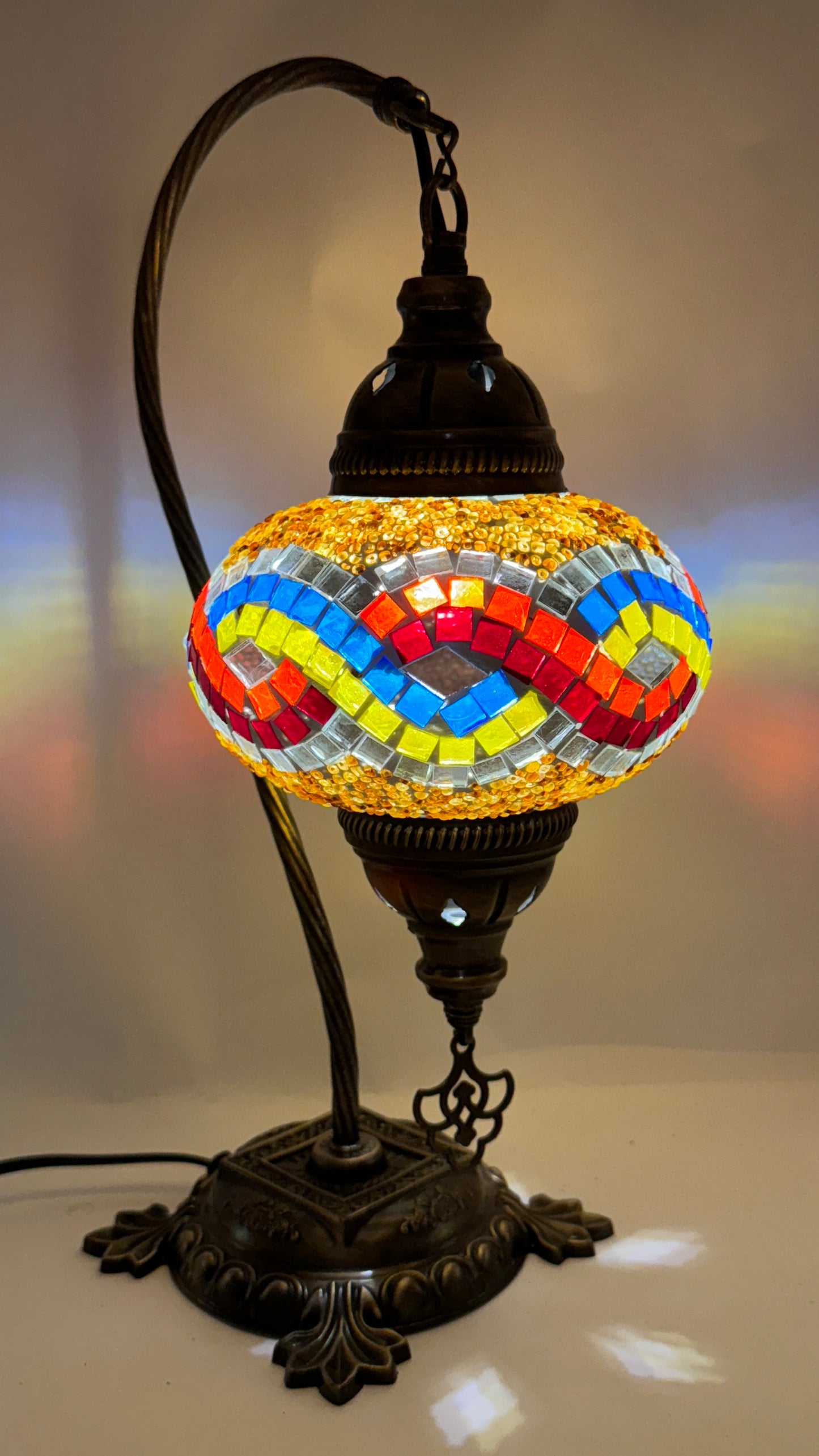 Turkish Bedside Table Desk Lamp Handmade Unique Mosaic Glass Rainbow Wave Bronze Base with Led Bulb