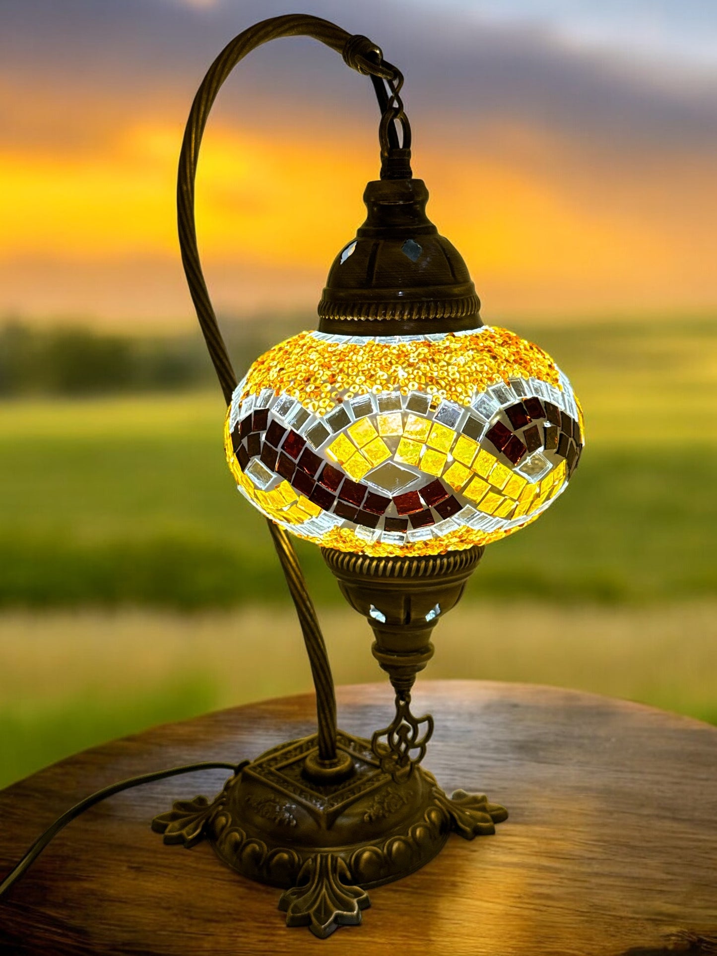 Turkish Bedside Table Desk Lamp Unique Mosaic Glass Brown Wave Bronze Base with Led Bulb