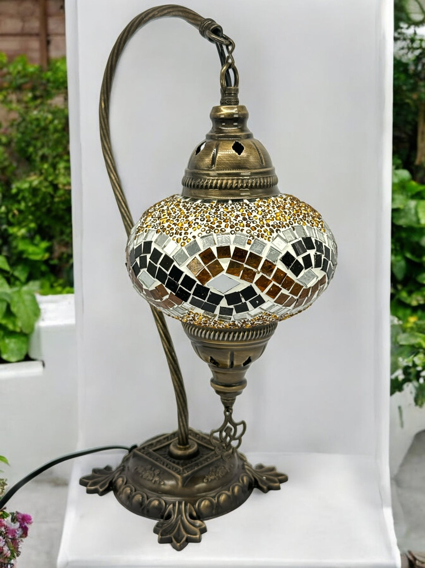 Turkish Bedside Table Desk Lamp Unique Mosaic Glass Brown Wave Bronze Base with Led Bulb