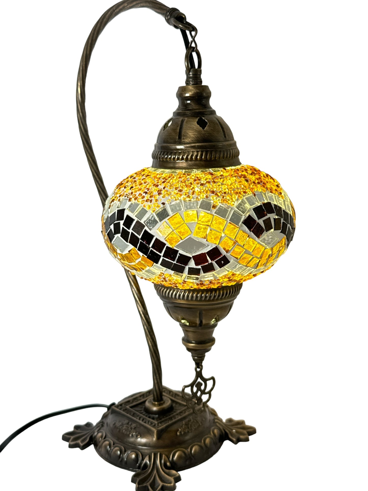 Turkish Bedside Table Desk Lamp Unique Mosaic Glass Brown Wave Bronze Base with Led Bulb