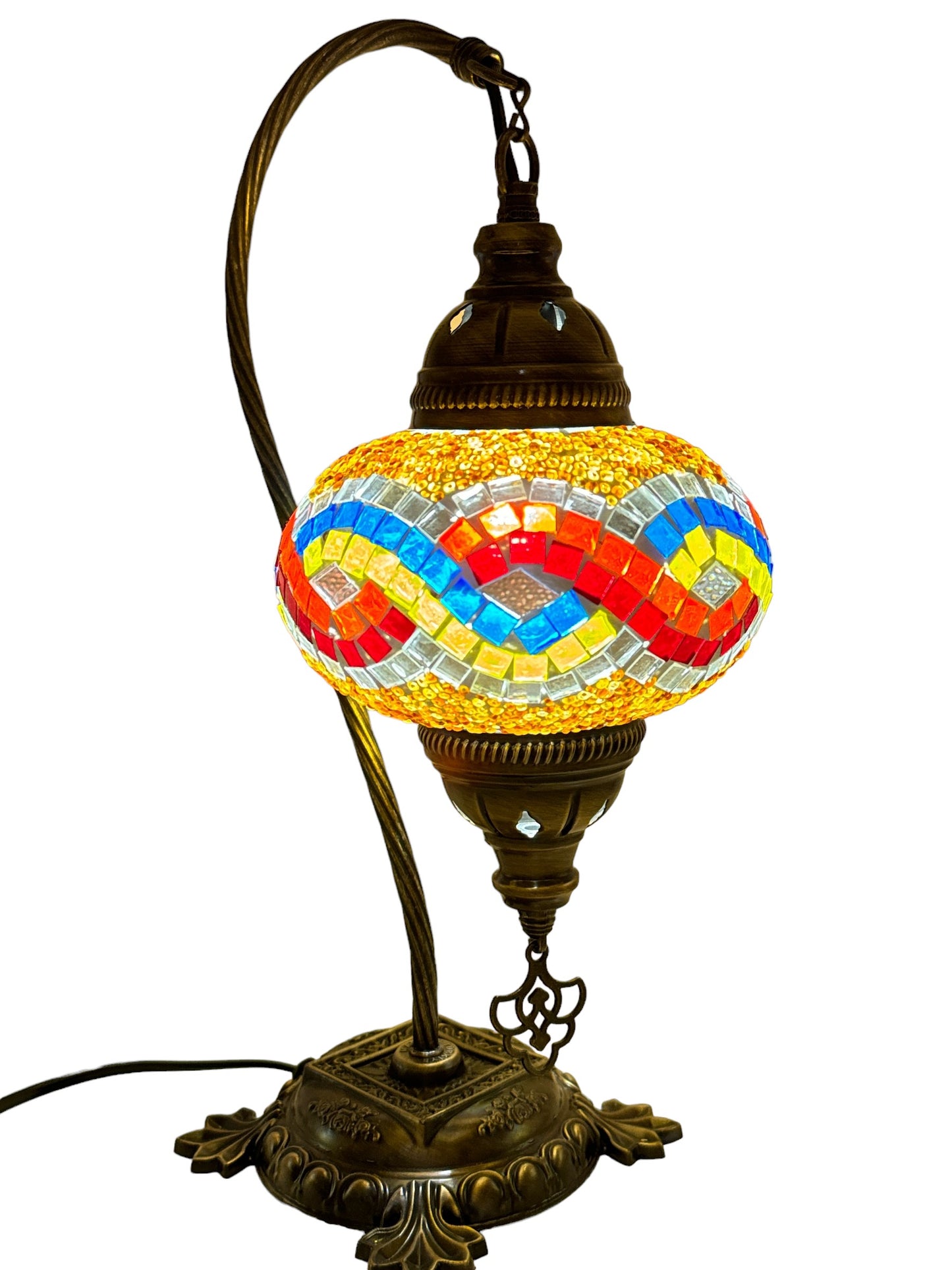 Turkish Bedside Table Desk Lamp Handmade Unique Mosaic Glass Rainbow Wave Bronze Base with Led Bulb