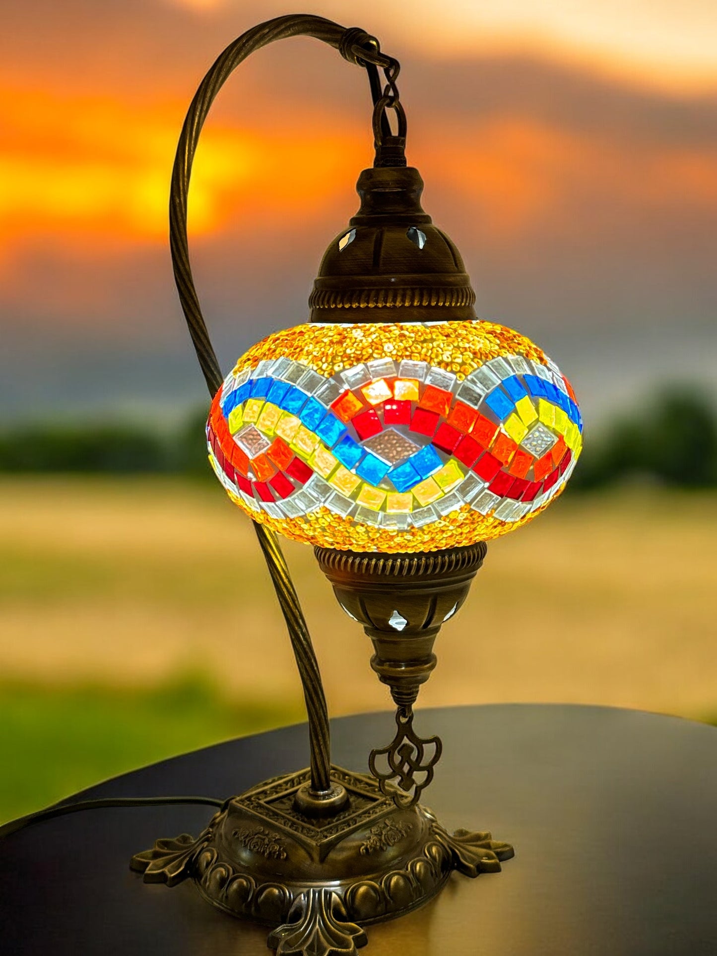 Turkish Bedside Table Desk Lamp Handmade Unique Mosaic Glass Rainbow Wave Bronze Base with Led Bulb
