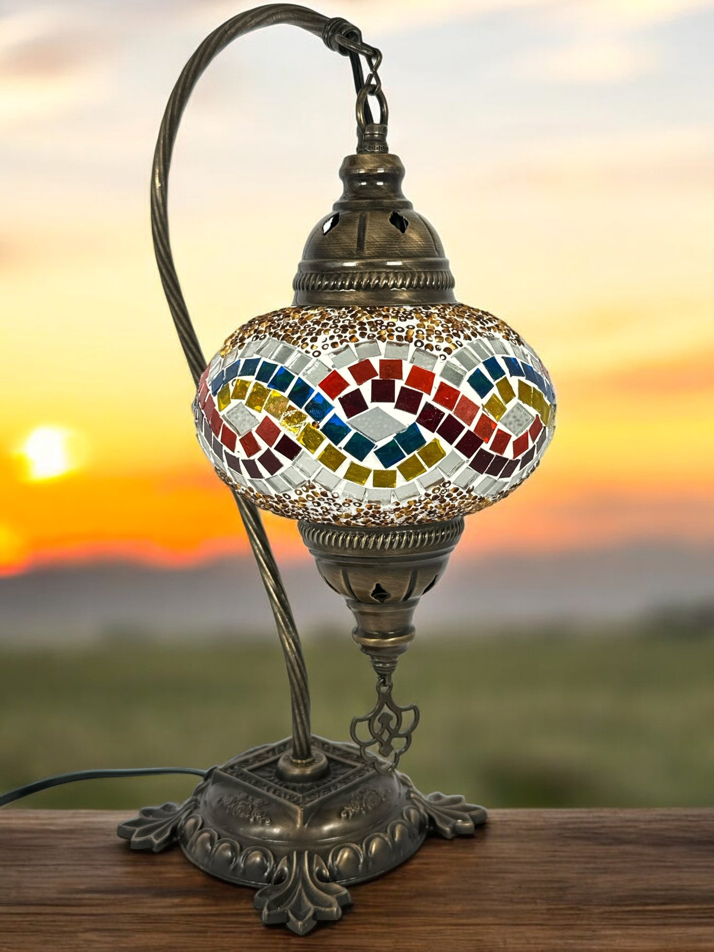 Turkish Bedside Table Desk Lamp Handmade Unique Mosaic Glass Rainbow Wave Bronze Base with Led Bulb