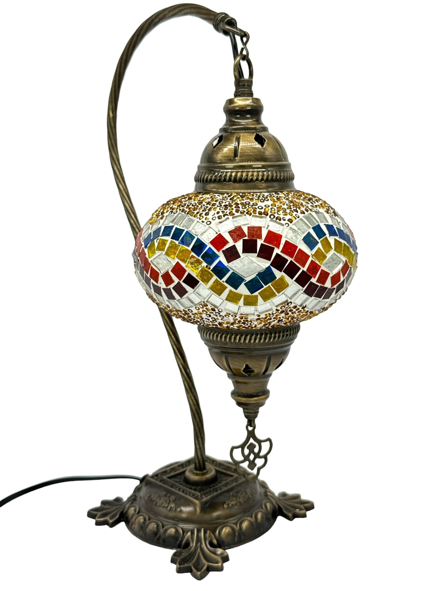 Turkish Bedside Table Desk Lamp Handmade Unique Mosaic Glass Rainbow Wave Bronze Base with Led Bulb