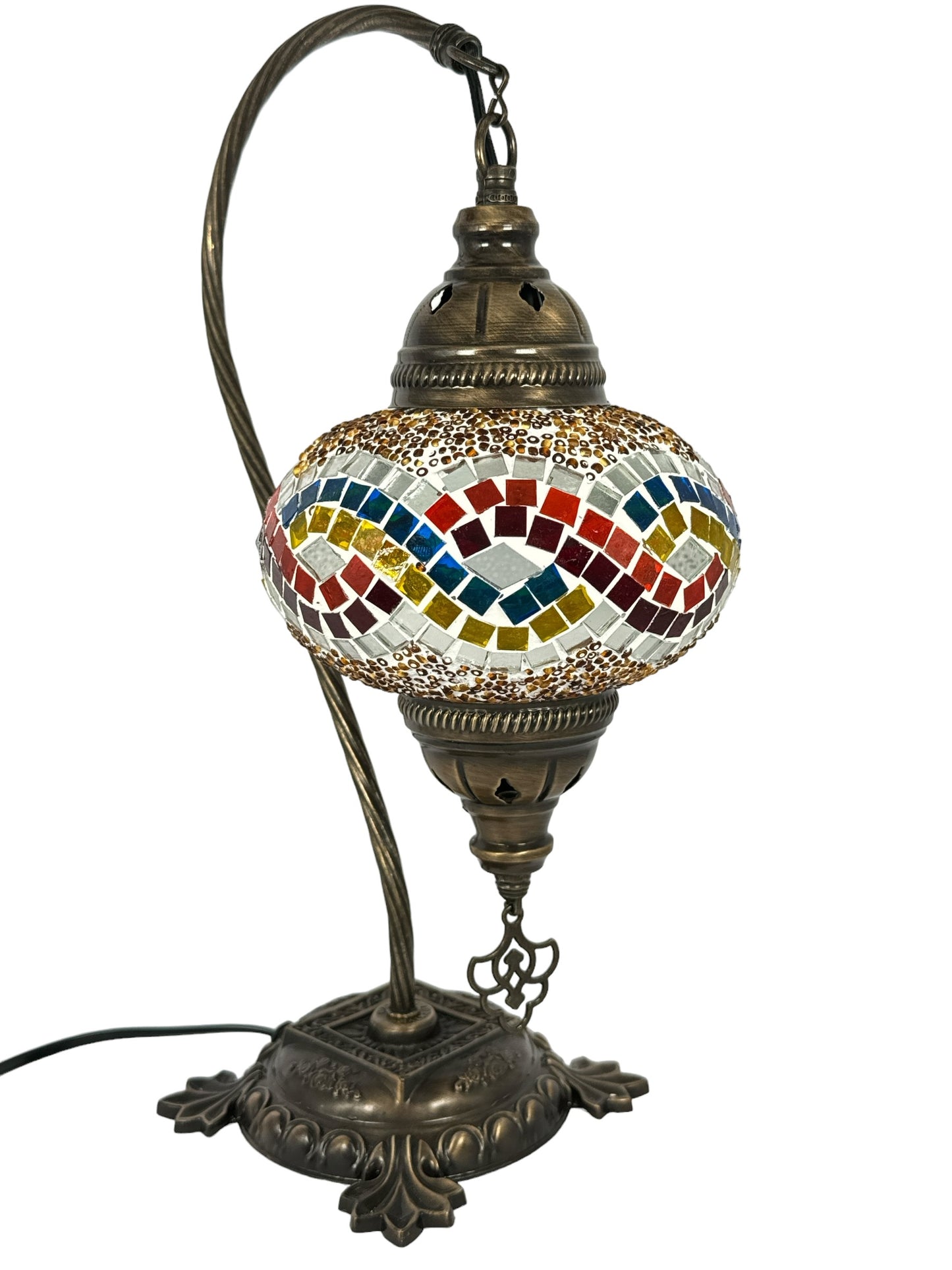 Turkish Bedside Table Desk Lamp Handmade Unique Mosaic Glass Rainbow Wave Bronze Base with Led Bulb