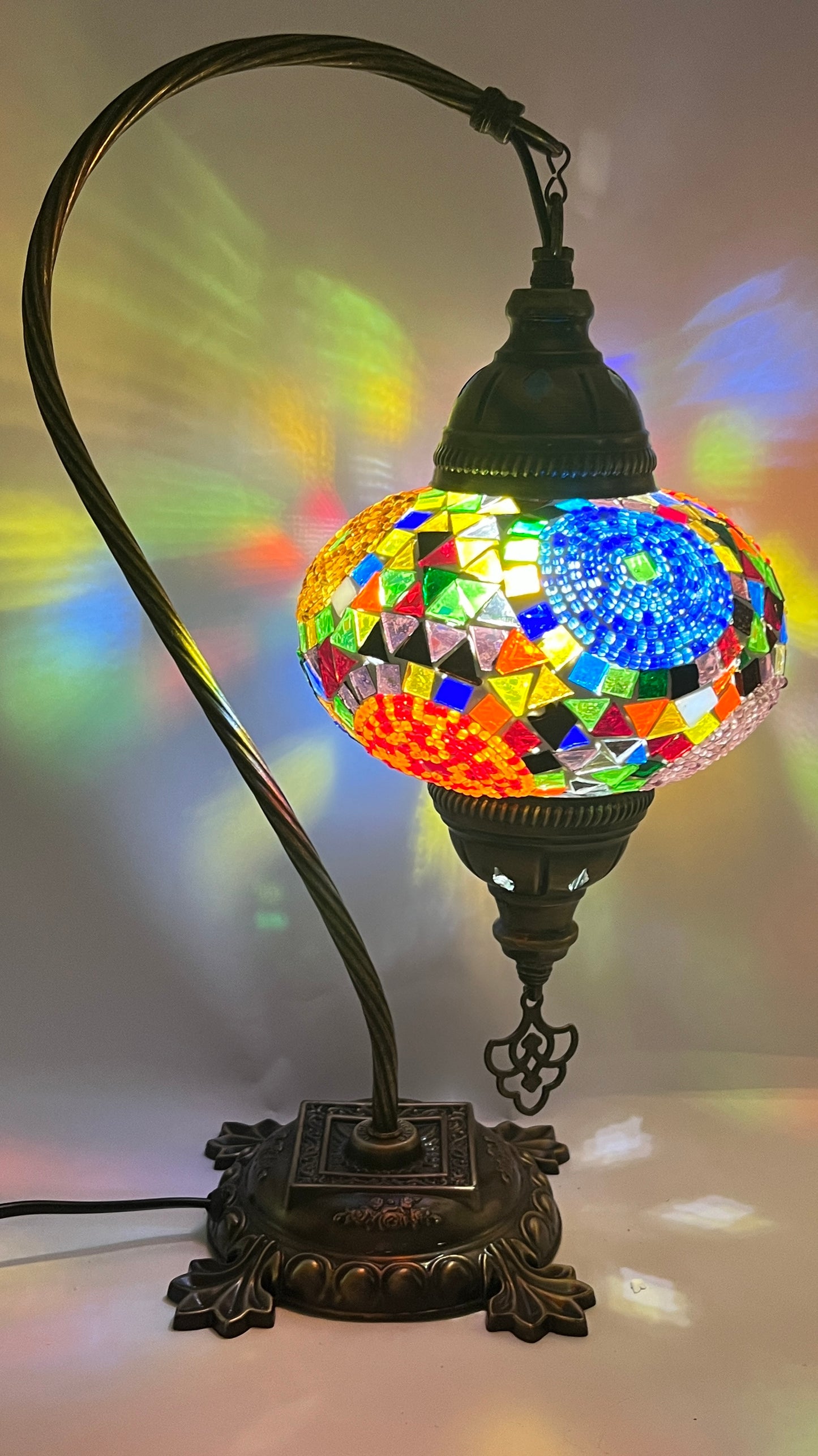 Turkish Bedside Table Desk Lamp Unique Mosaic Glass Mix Colour 3 Bronze Base with Led Bulb