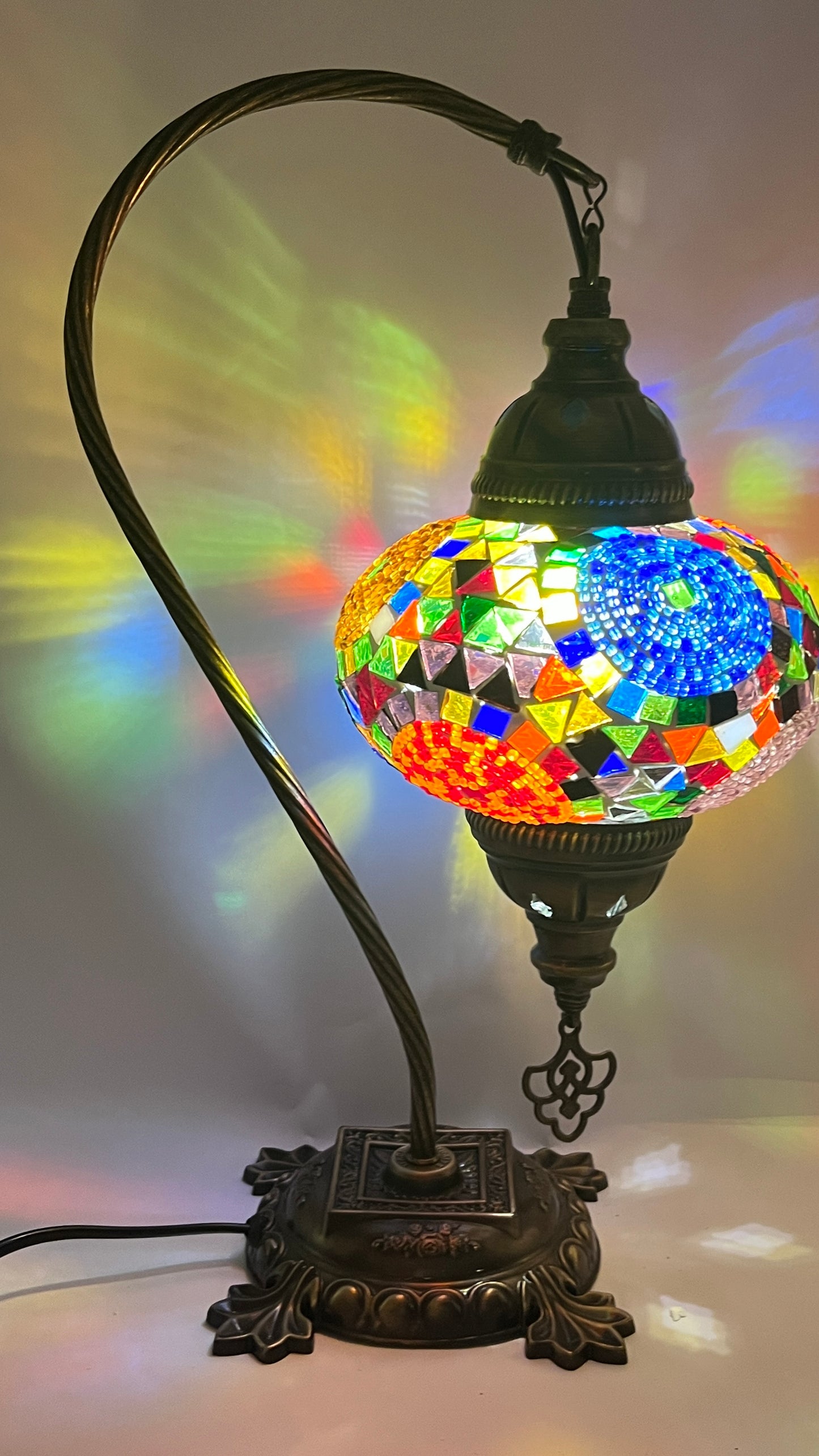 Turkish Bedside Table Desk Lamp Unique Mosaic Glass Mix Colour 3 Bronze Base with Led Bulb