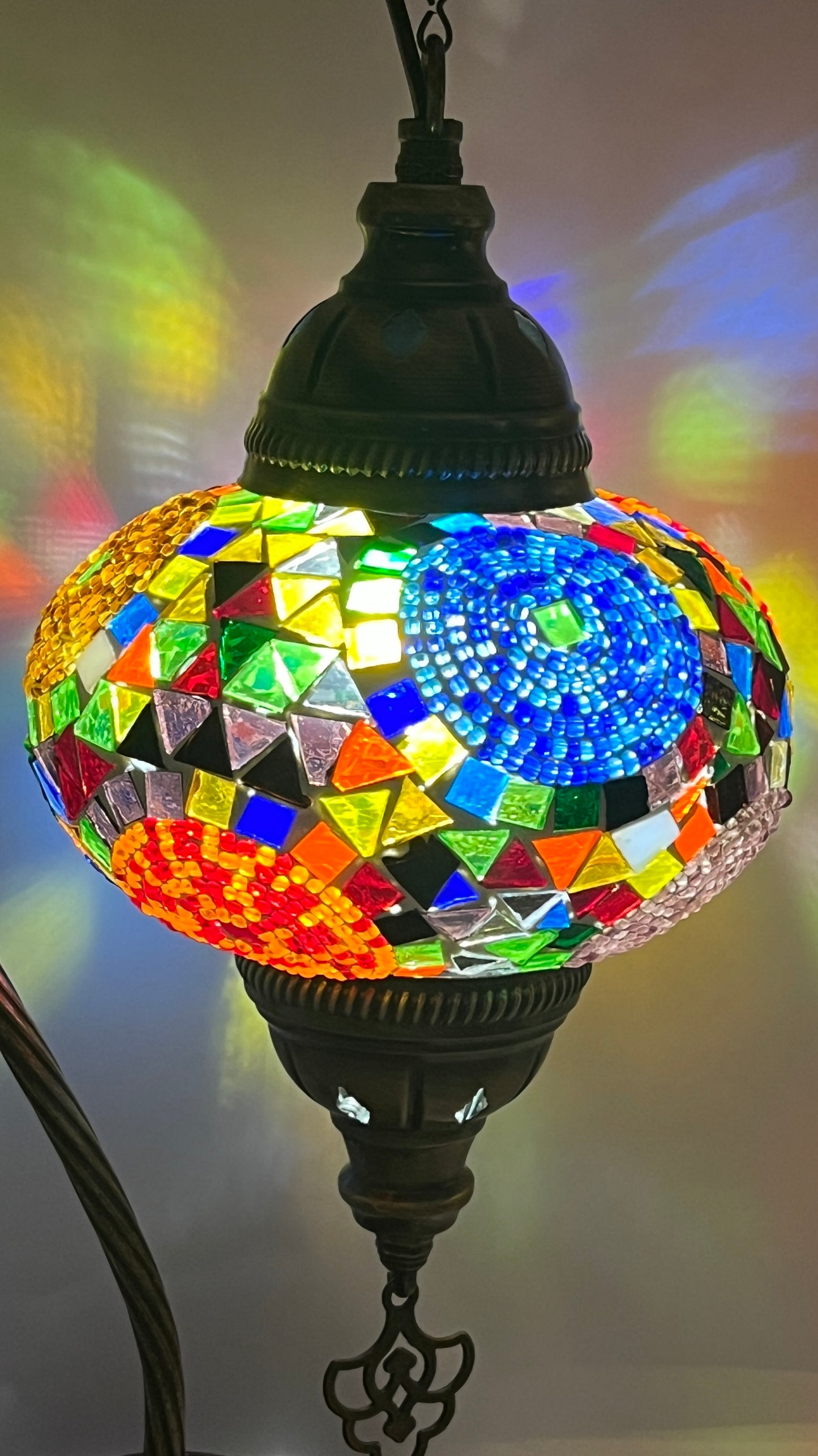 Turkish Bedside Table Desk Lamp Unique Mosaic Glass Mix Colour 3 Bronze Base with Led Bulb