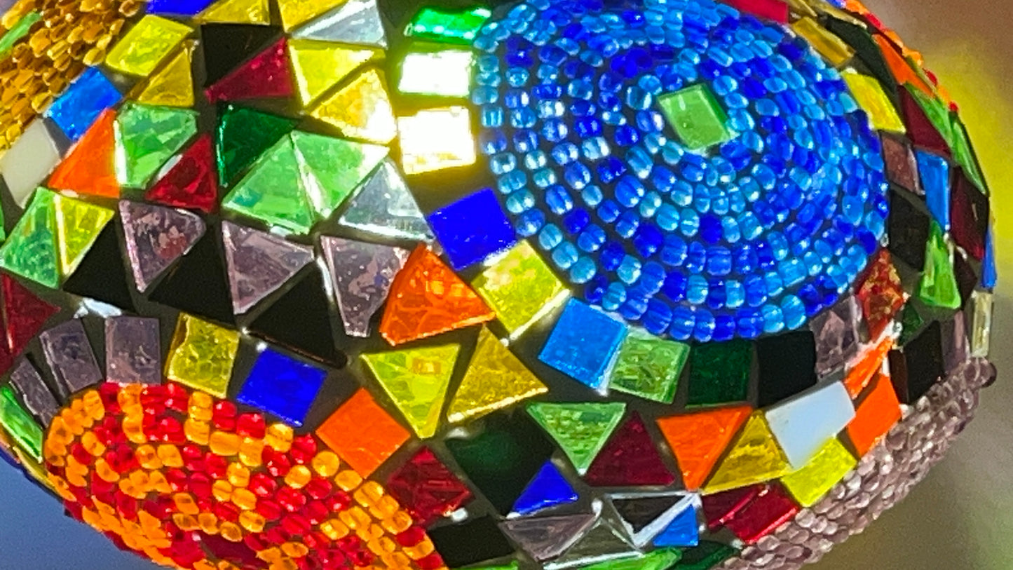 Turkish Bedside Table Desk Lamp Unique Mosaic Glass Mix Colour 3 Bronze Base with Led Bulb