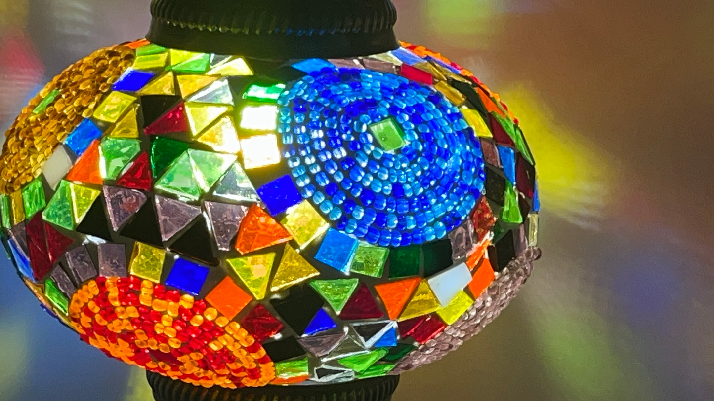 Turkish Bedside Table Desk Lamp Unique Mosaic Glass Mix Colour 3 Bronze Base with Led Bulb