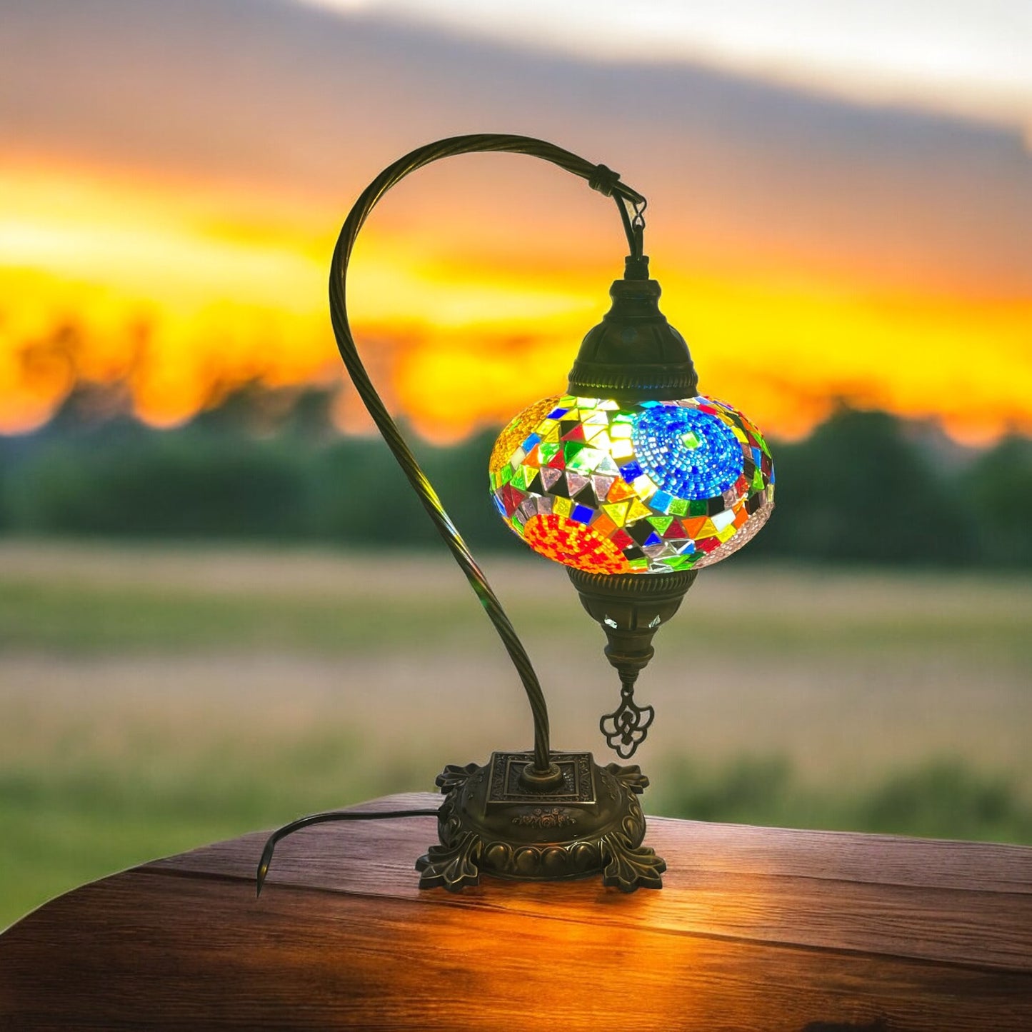Turkish Bedside Table Desk Lamp Unique Mosaic Glass Mix Colour 3 Bronze Base with Led Bulb