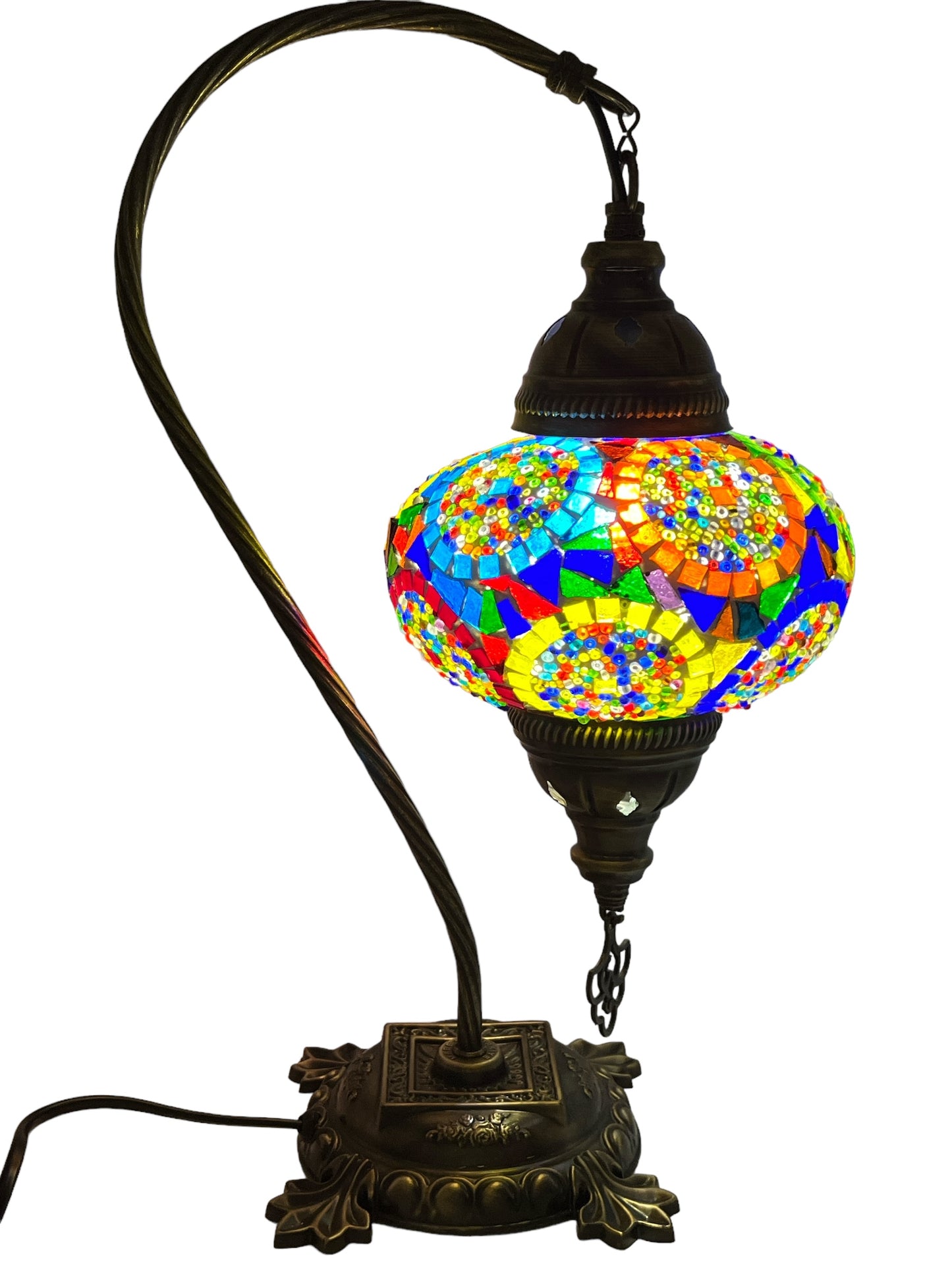 Turkish Bedside Table Desk Lamp Unique Mosaic Glass Mix Colour Bronze Base with Led Bulb