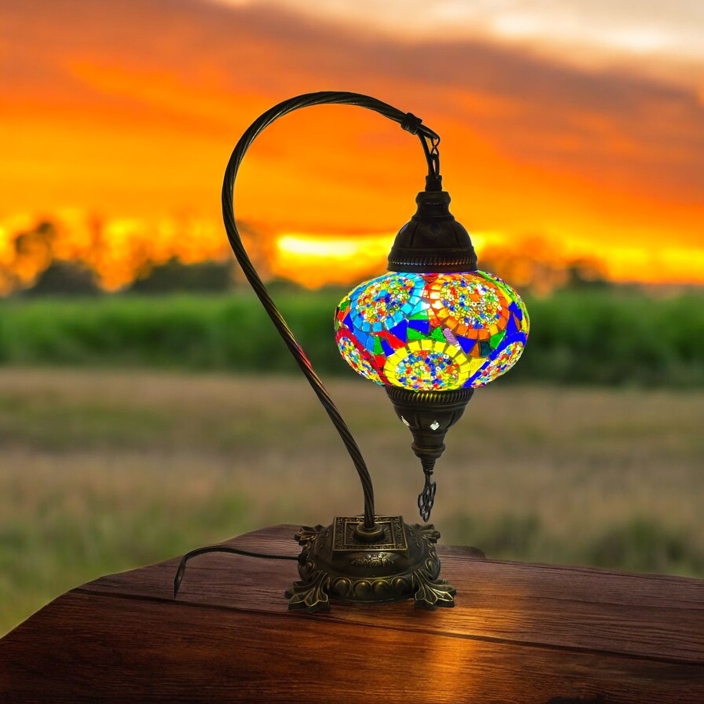 Turkish Bedside Table Desk Lamp Unique Mosaic Glass Mix Colour Bronze Base with Led Bulb