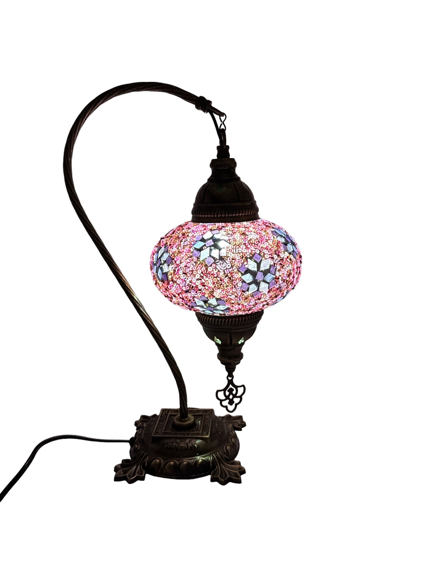Turkish Bedside Table Desk Lamp Handmade Unique Mosaic Glass Pink Mini Star Bronze Base with Led Bulb