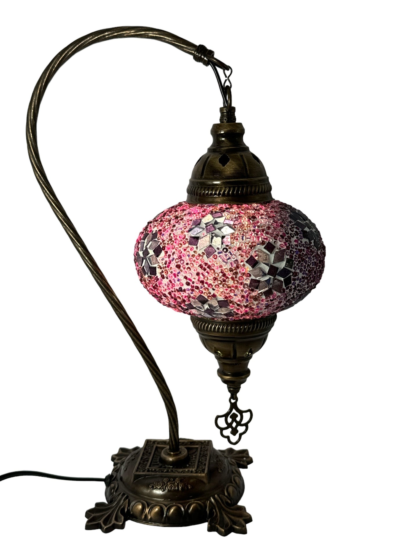 Turkish Bedside Table Desk Lamp Handmade Unique Mosaic Glass Pink Mini Star Bronze Base with Led Bulb