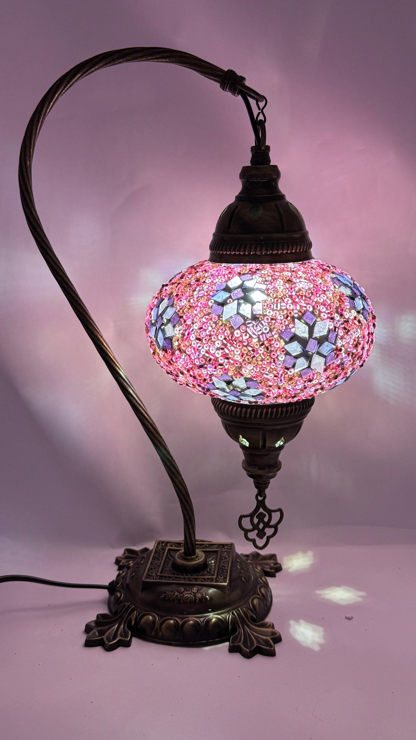 Turkish Bedside Table Desk Lamp Handmade Unique Mosaic Glass Pink Mini Star Bronze Base with Led Bulb