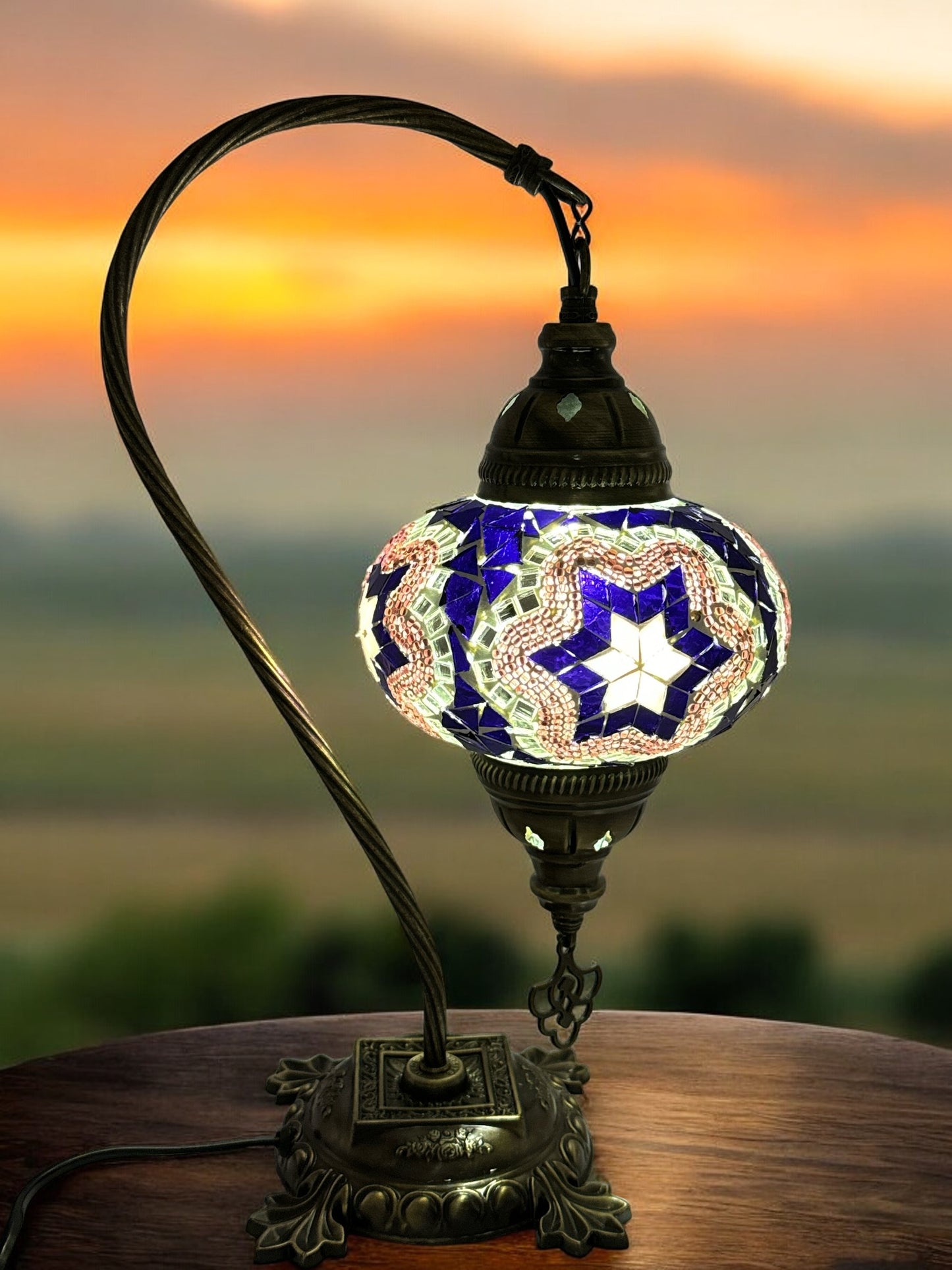 Turkish Bedside Table Desk Lamp Handmade Unique Mosaic Glass Purple Star Bronze Base with Led Bulb