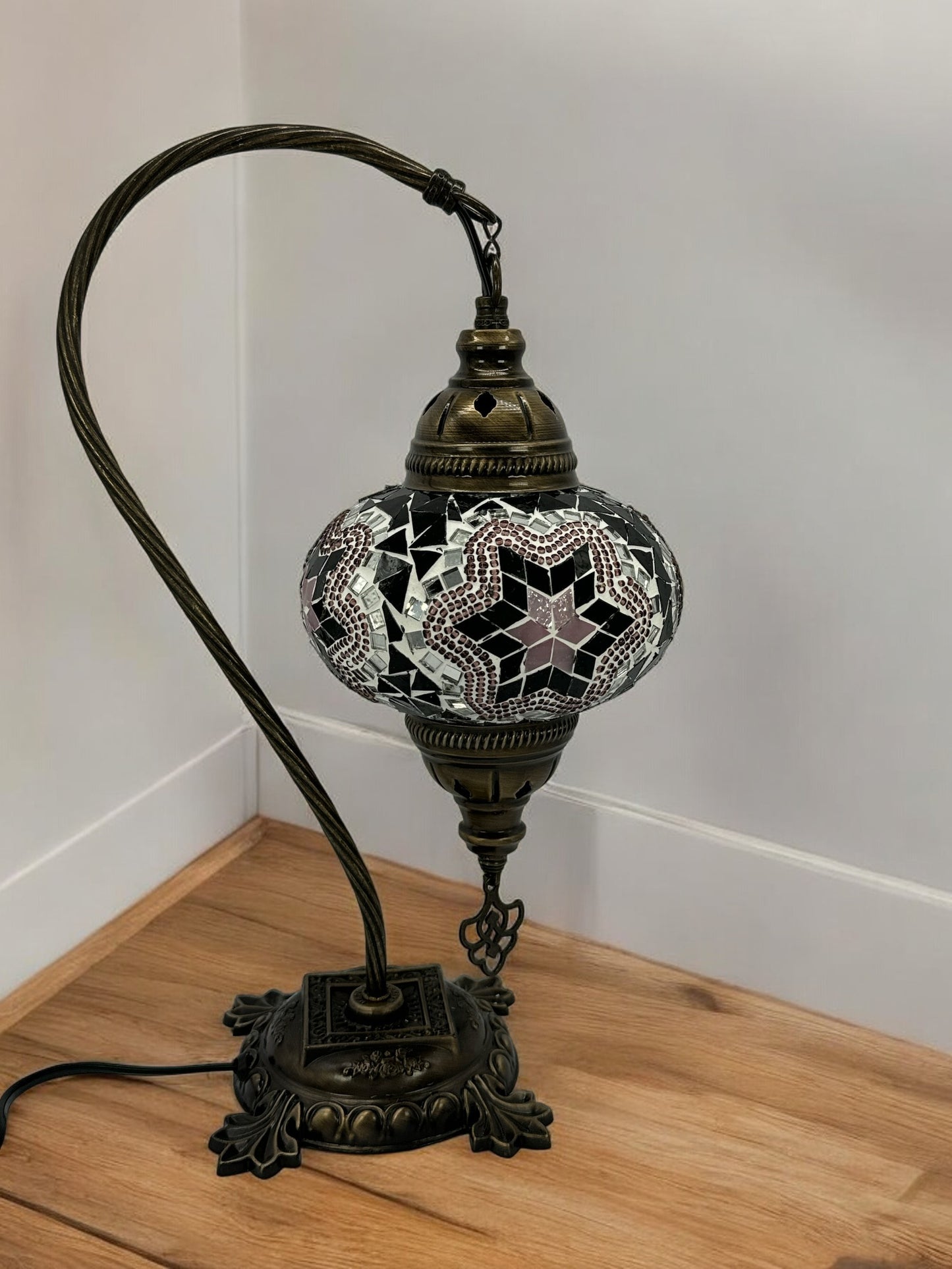 Turkish Bedside Table Desk Lamp Handmade Unique Mosaic Glass Purple Star Bronze Base with Led Bulb