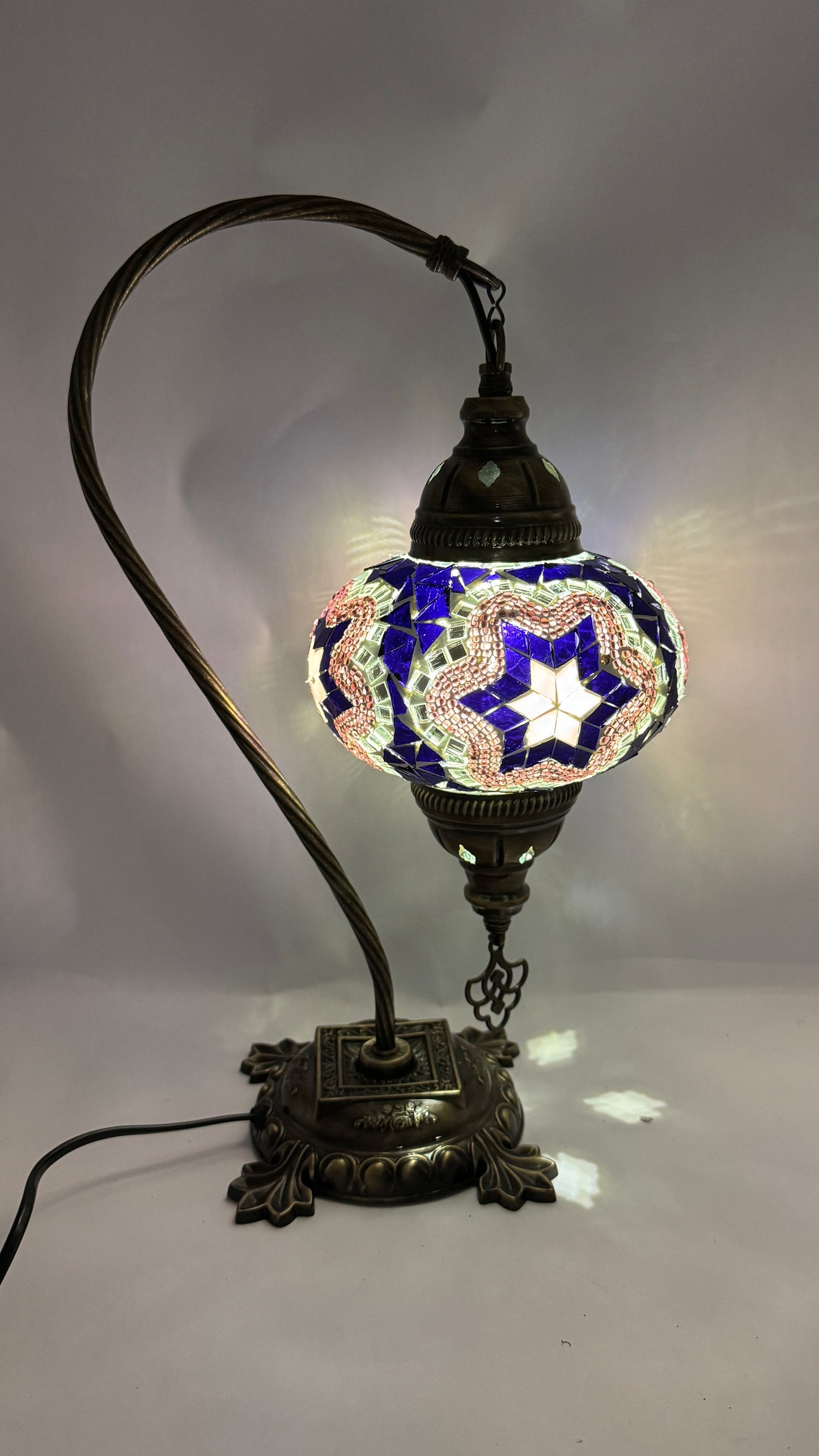 Turkish Bedside Table Desk Lamp Handmade Unique Mosaic Glass Purple Star Bronze Base with Led Bulb