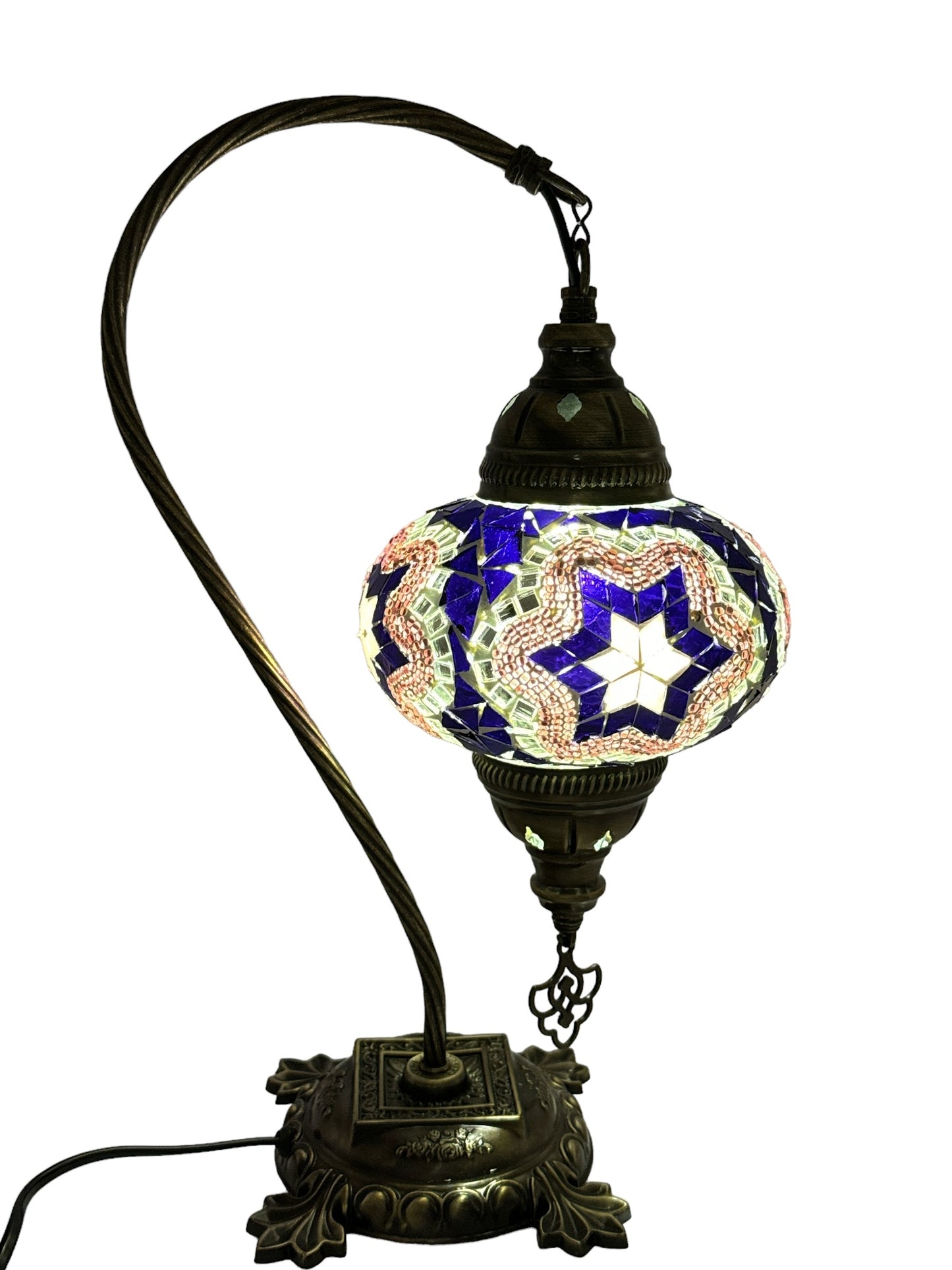 Turkish Bedside Table Desk Lamp Handmade Unique Mosaic Glass Purple Star Bronze Base with Led Bulb